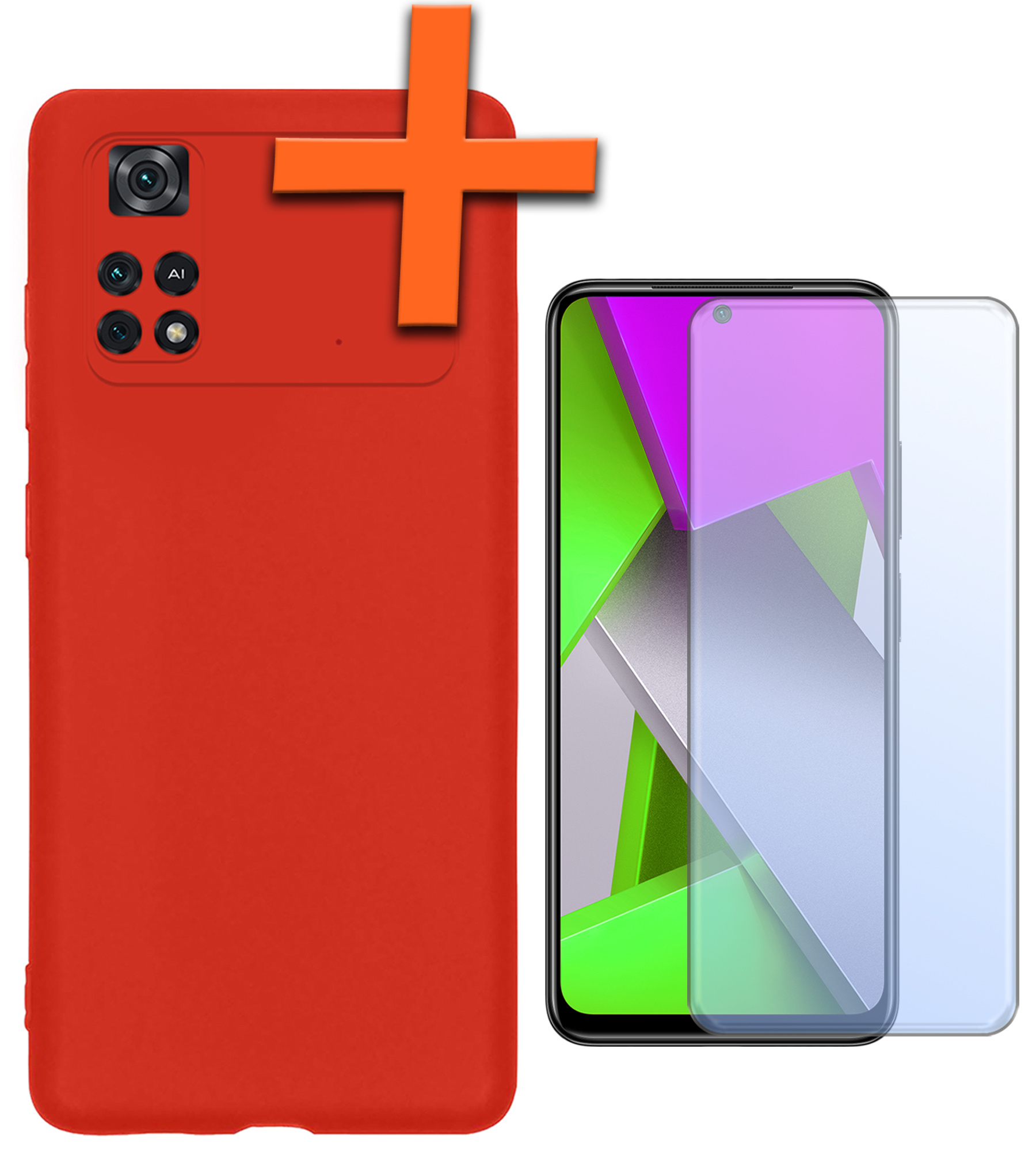 Nomfy Hoesje Geschikt voor Poco M4 Pro 4G Hoesje Siliconen Cover Case Met Screenprotector - Hoes Geschikt voor Xiaomi Poco M4 Pro 4G Hoes Back Case - Rood