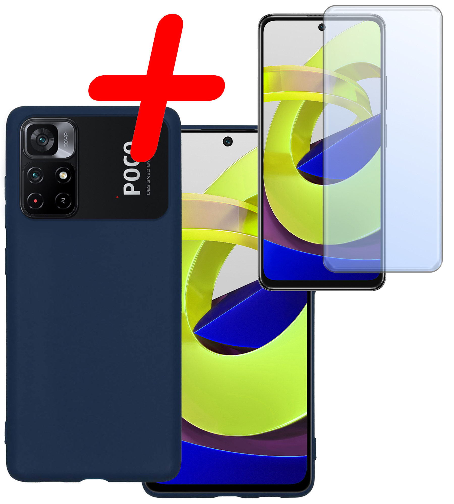 BASEY. Hoes Geschikt voor Xiaomi Poco M4 Pro 5G Hoesje Siliconen Back Cover Case Met Screenprotector - Hoesje Geschikt voor Xiaomi Poco M4 Pro 5G Hoes Cover Hoesje - Donkerblauw