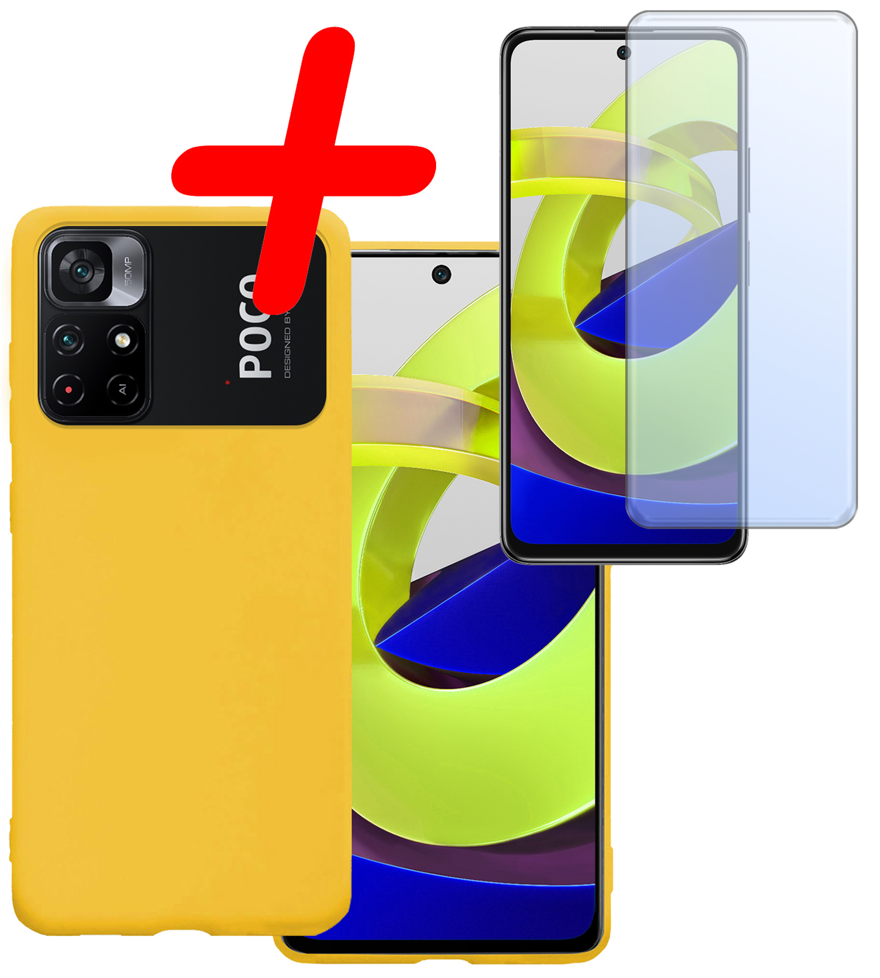 BASEY. Hoes Geschikt voor Xiaomi Poco M4 Pro 5G Hoesje Siliconen Back Cover Case Met Screenprotector - Hoesje Geschikt voor Xiaomi Poco M4 Pro 5G Hoes Cover Hoesje - Geel