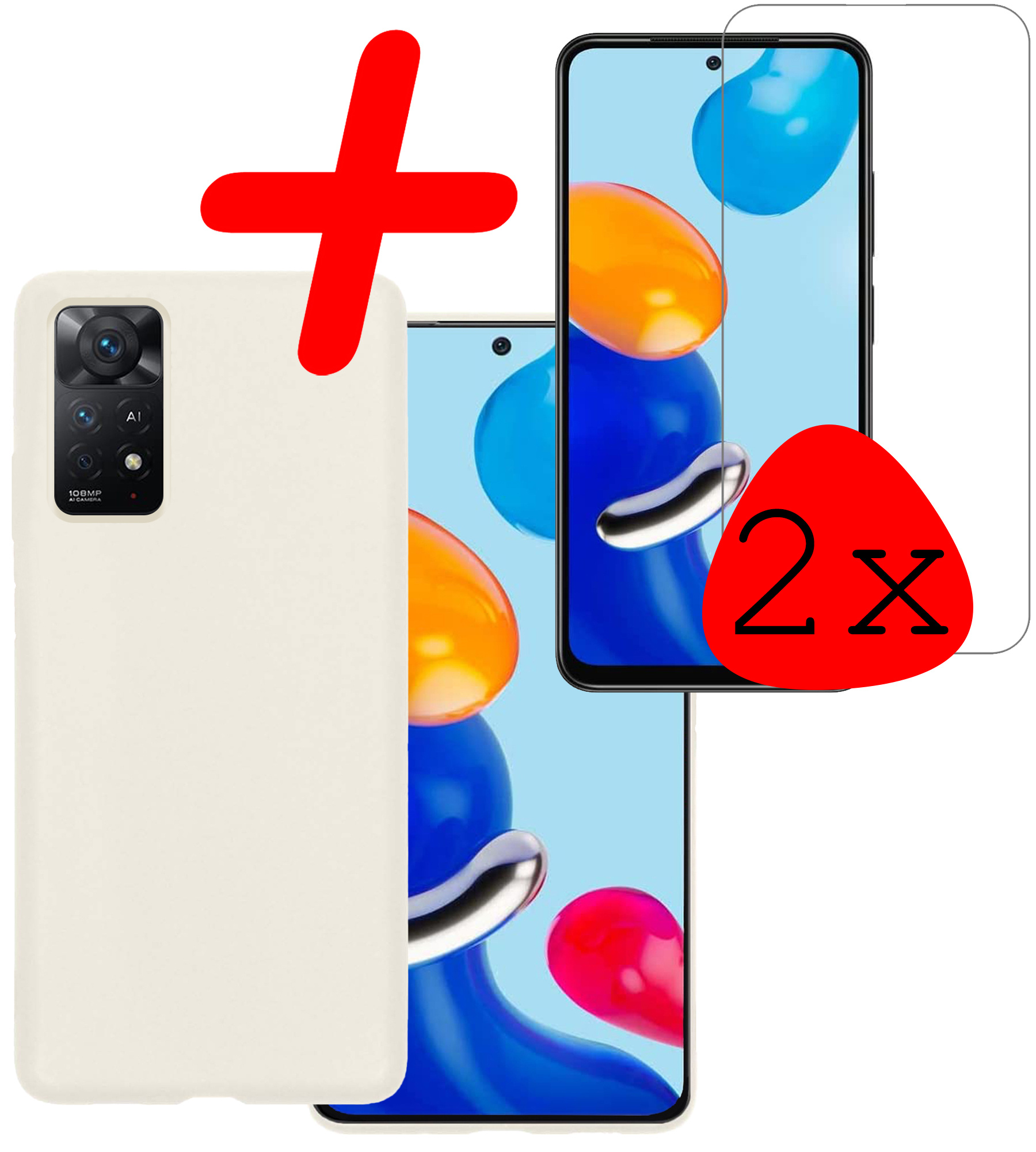 BASEY. Hoes Geschikt voor Xiaomi Redmi Note 11s Hoesje Siliconen Back Cover Case Met 2x Screenprotector - Hoesje Geschikt voor Xiaomi Redmi Note 11s Hoes Cover Hoesje - Wit