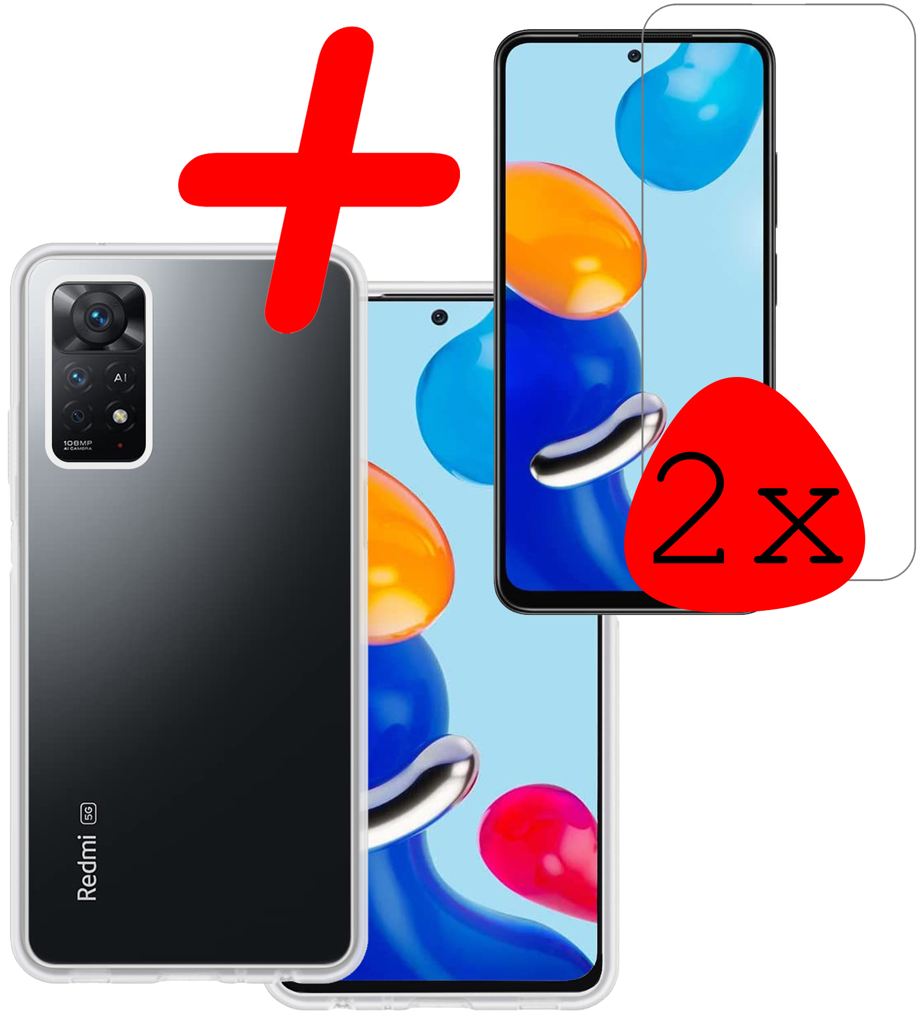 BASEY. Hoes Geschikt voor Xiaomi Redmi Note 11s Hoesje Siliconen Back Cover Case Met 2x Screenprotector - Hoesje Geschikt voor Xiaomi Redmi Note 11s Hoes Cover Hoesje - Transparant