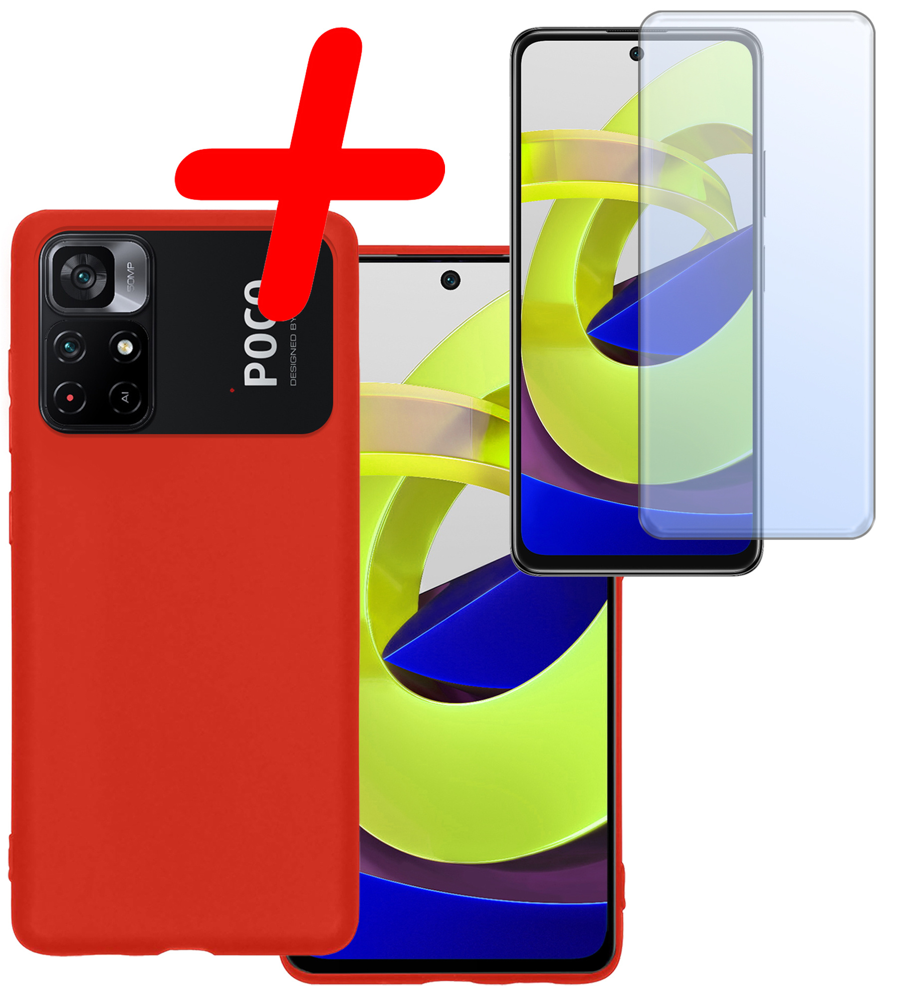 BASEY. Hoes Geschikt voor Xiaomi Poco M4 Pro 5G Hoesje Siliconen Back Cover Case Met Screenprotector - Hoesje Geschikt voor Xiaomi Poco M4 Pro 5G Hoes Cover Hoesje - Rood