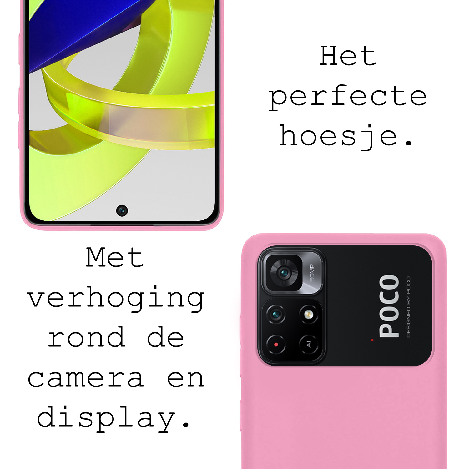 BASEY. Hoes Geschikt voor Xiaomi Poco M4 Pro 5G Hoesje Siliconen Back Cover Case Met Screenprotector - Hoesje Geschikt voor Xiaomi Poco M4 Pro 5G Hoes Cover Hoesje - Lichtroze