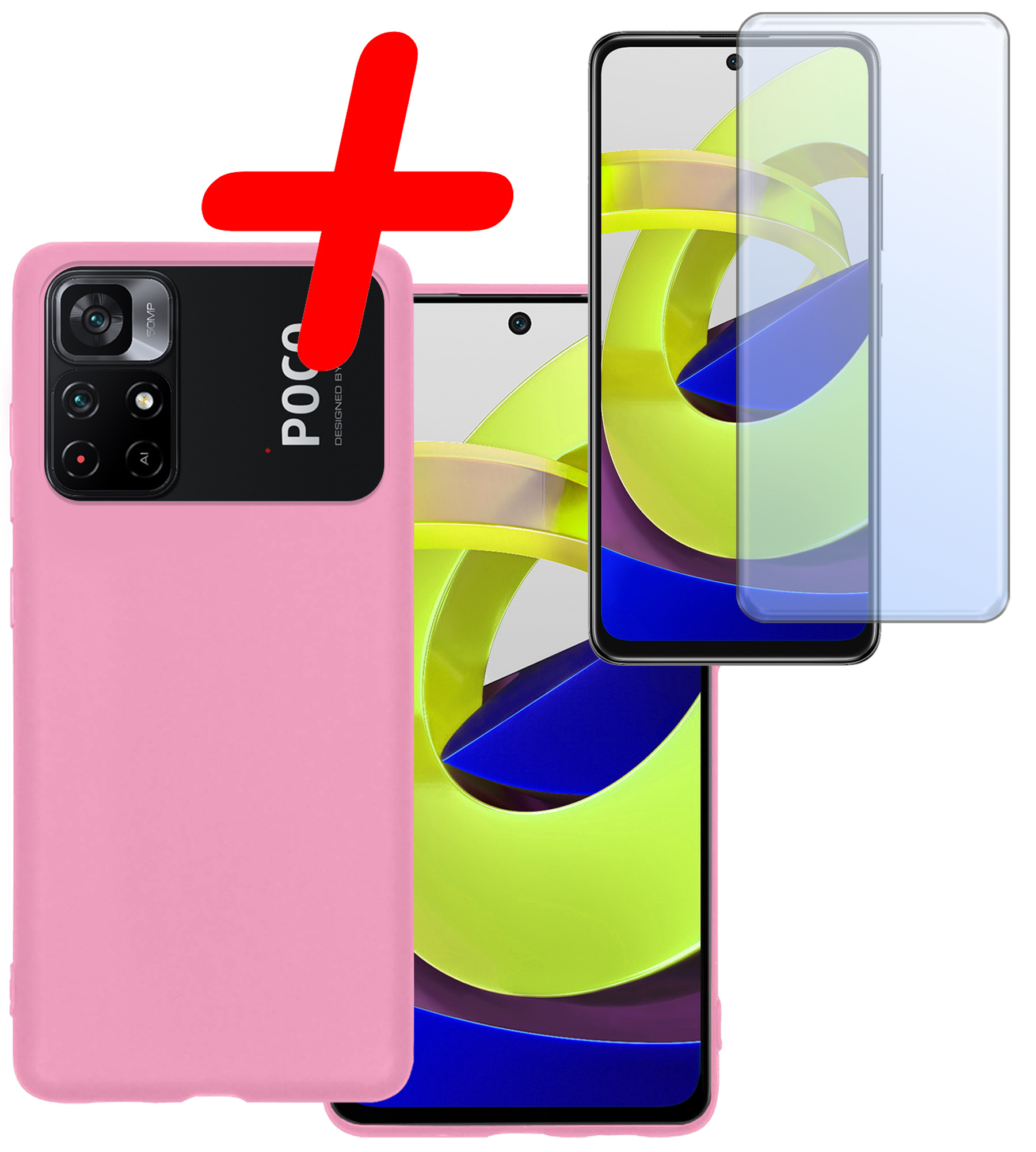 BASEY. Hoes Geschikt voor Xiaomi Poco M4 Pro 5G Hoesje Siliconen Back Cover Case Met Screenprotector - Hoesje Geschikt voor Xiaomi Poco M4 Pro 5G Hoes Cover Hoesje - Lichtroze