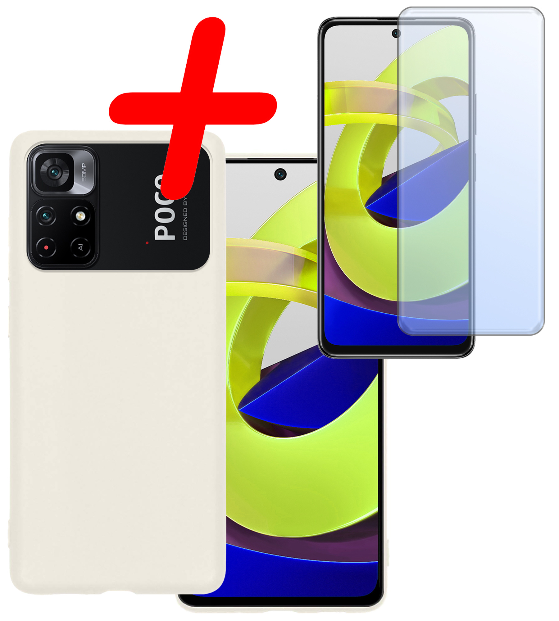 BASEY. Hoes Geschikt voor Xiaomi Poco M4 Pro 5G Hoesje Siliconen Back Cover Case Met Screenprotector - Hoesje Geschikt voor Xiaomi Poco M4 Pro 5G Hoes Cover Hoesje - Wit