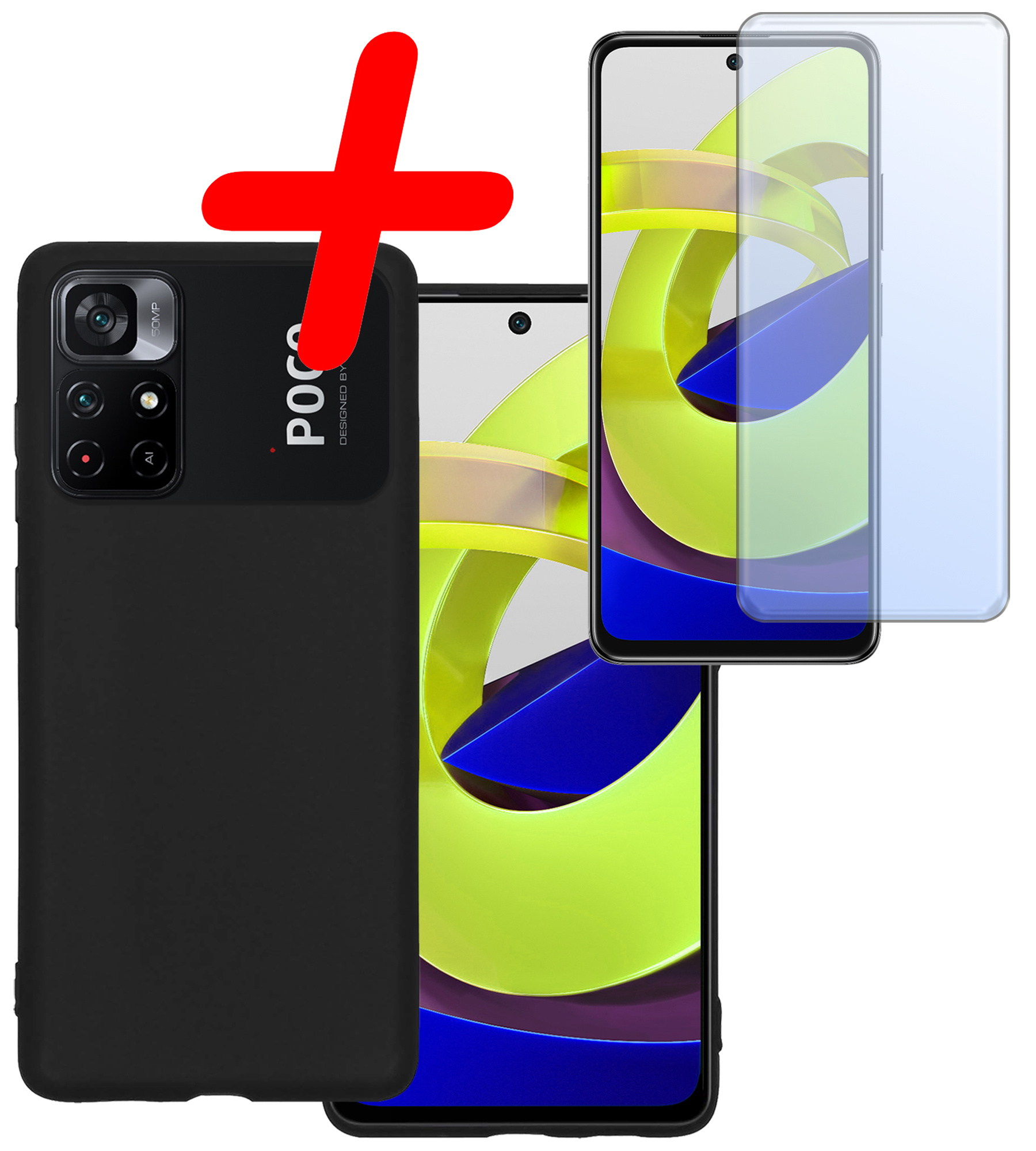 BASEY. Hoes Geschikt voor Xiaomi Poco M4 Pro 5G Hoesje Siliconen Back Cover Case Met Screenprotector - Hoesje Geschikt voor Xiaomi Poco M4 Pro 5G Hoes Cover Hoesje - Zwart