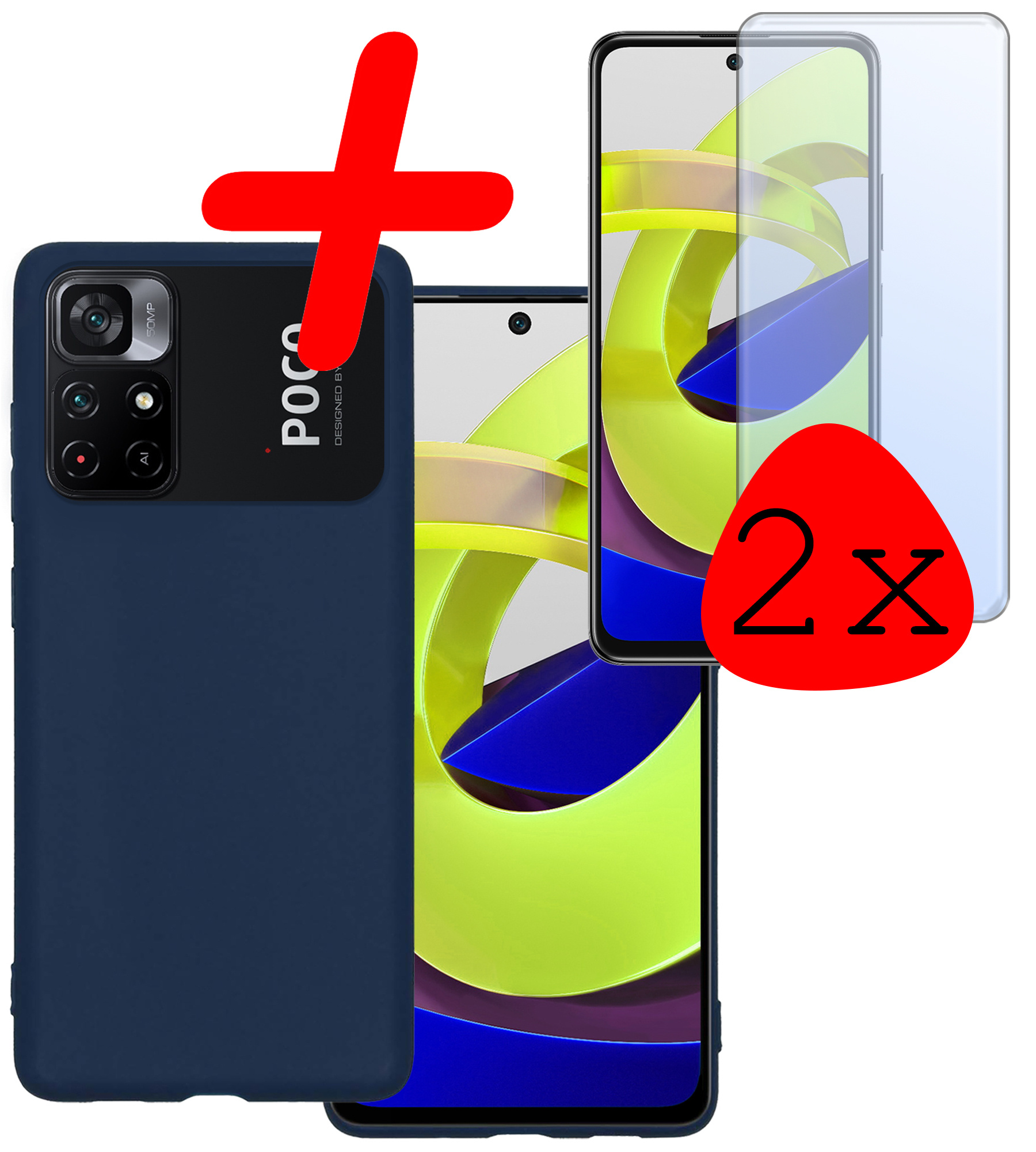 BASEY. Hoes Geschikt voor Xiaomi Poco M4 Pro 5G Hoesje Siliconen Back Cover Case Met 2x Screenprotector - Hoesje Geschikt voor Xiaomi Poco M4 Pro 5G Hoes Cover Hoesje - Donkerblauw