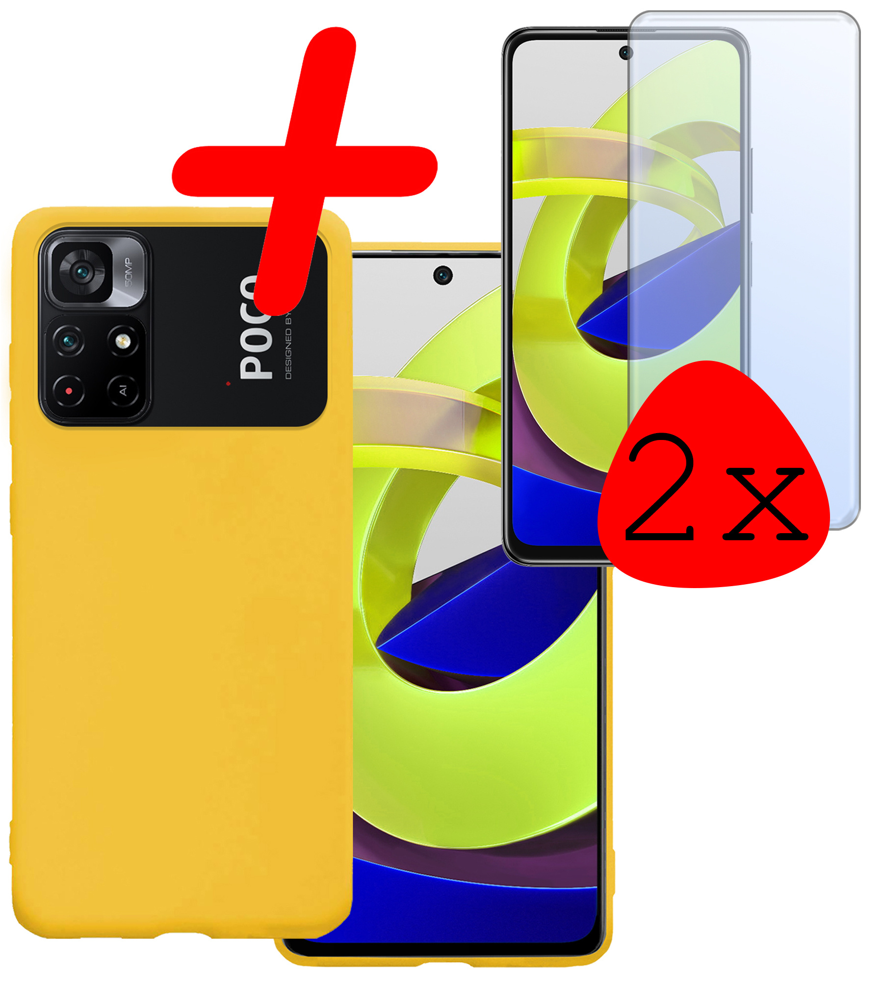 BASEY. Hoes Geschikt voor Xiaomi Poco M4 Pro 5G Hoesje Siliconen Back Cover Case Met 2x Screenprotector - Hoesje Geschikt voor Xiaomi Poco M4 Pro 5G Hoes Cover Hoesje - Geel