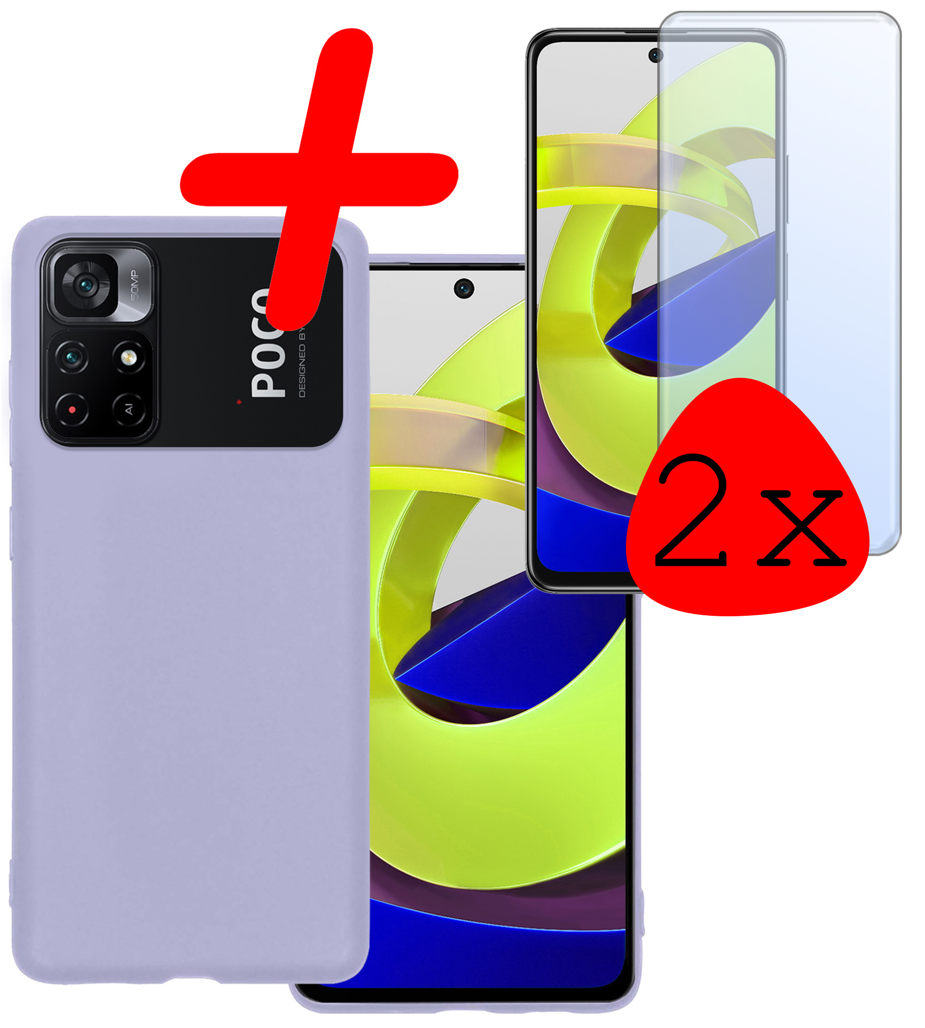 BASEY. Hoes Geschikt voor Xiaomi Poco M4 Pro 5G Hoesje Siliconen Back Cover Case Met 2x Screenprotector - Hoesje Geschikt voor Xiaomi Poco M4 Pro 5G Hoes Cover Hoesje - Lila