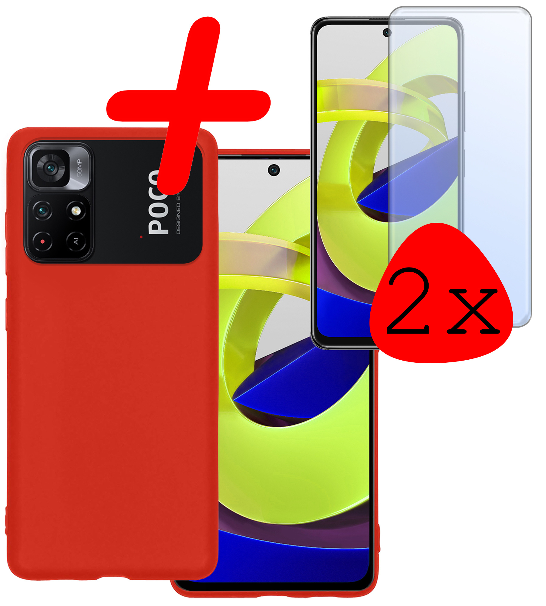 BASEY. Hoes Geschikt voor Xiaomi Poco M4 Pro 5G Hoesje Siliconen Back Cover Case Met 2x Screenprotector - Hoesje Geschikt voor Xiaomi Poco M4 Pro 5G Hoes Cover Hoesje - Rood