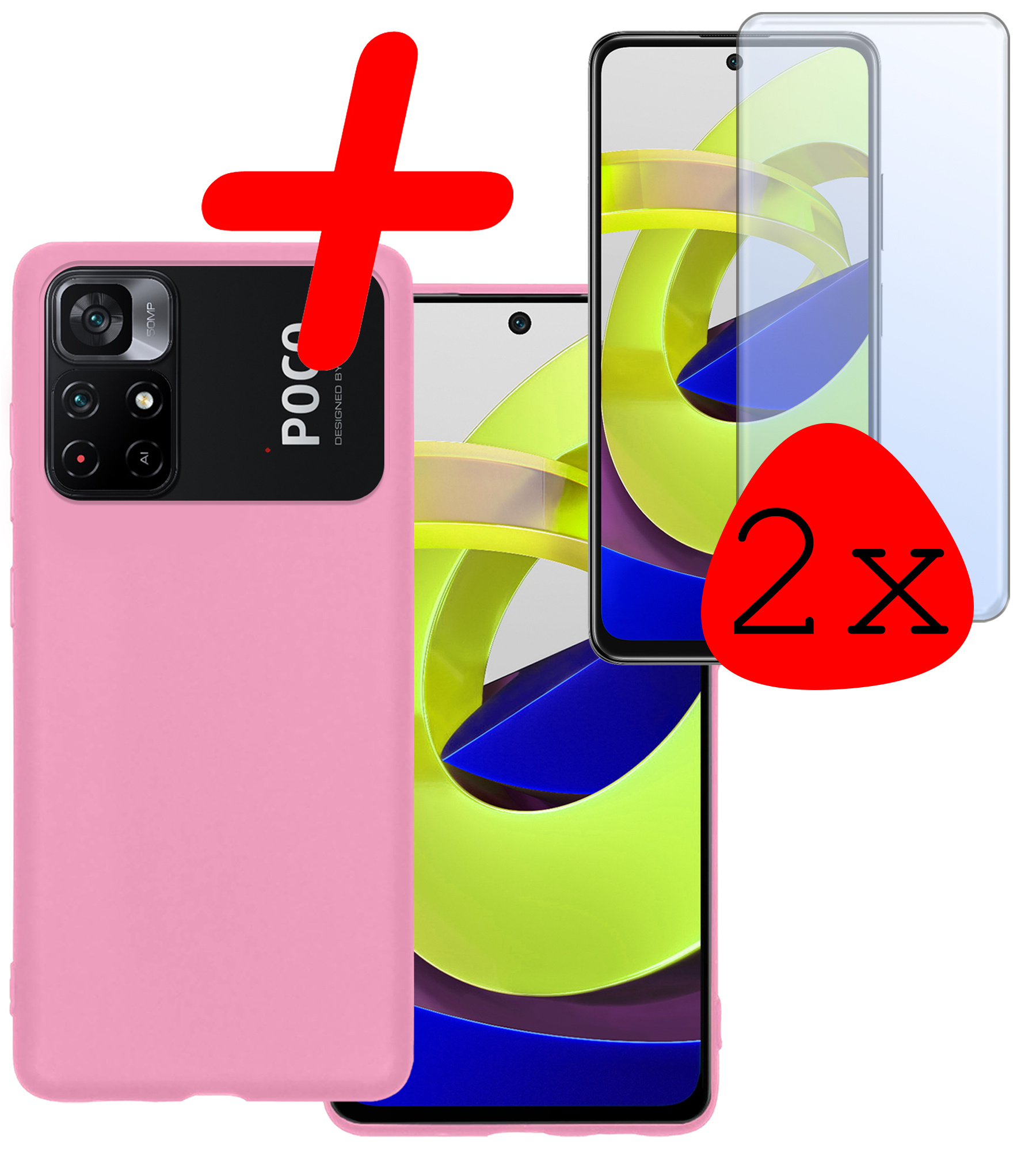 BASEY. Hoes Geschikt voor Xiaomi Poco M4 Pro 5G Hoesje Siliconen Back Cover Case Met 2x Screenprotector - Hoesje Geschikt voor Xiaomi Poco M4 Pro 5G Hoes Cover Hoesje - Lichtroze