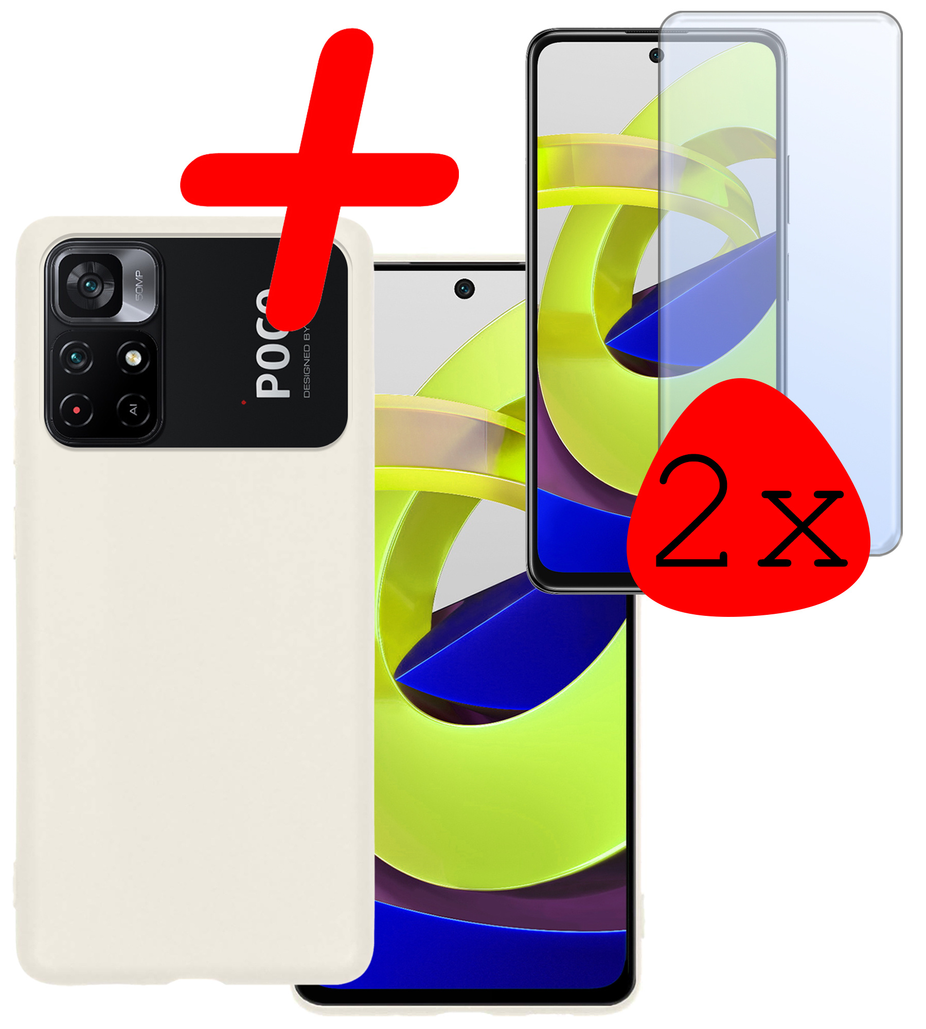 BASEY. Hoes Geschikt voor Xiaomi Poco M4 Pro 5G Hoesje Siliconen Back Cover Case Met 2x Screenprotector - Hoesje Geschikt voor Xiaomi Poco M4 Pro 5G Hoes Cover Hoesje - Wit