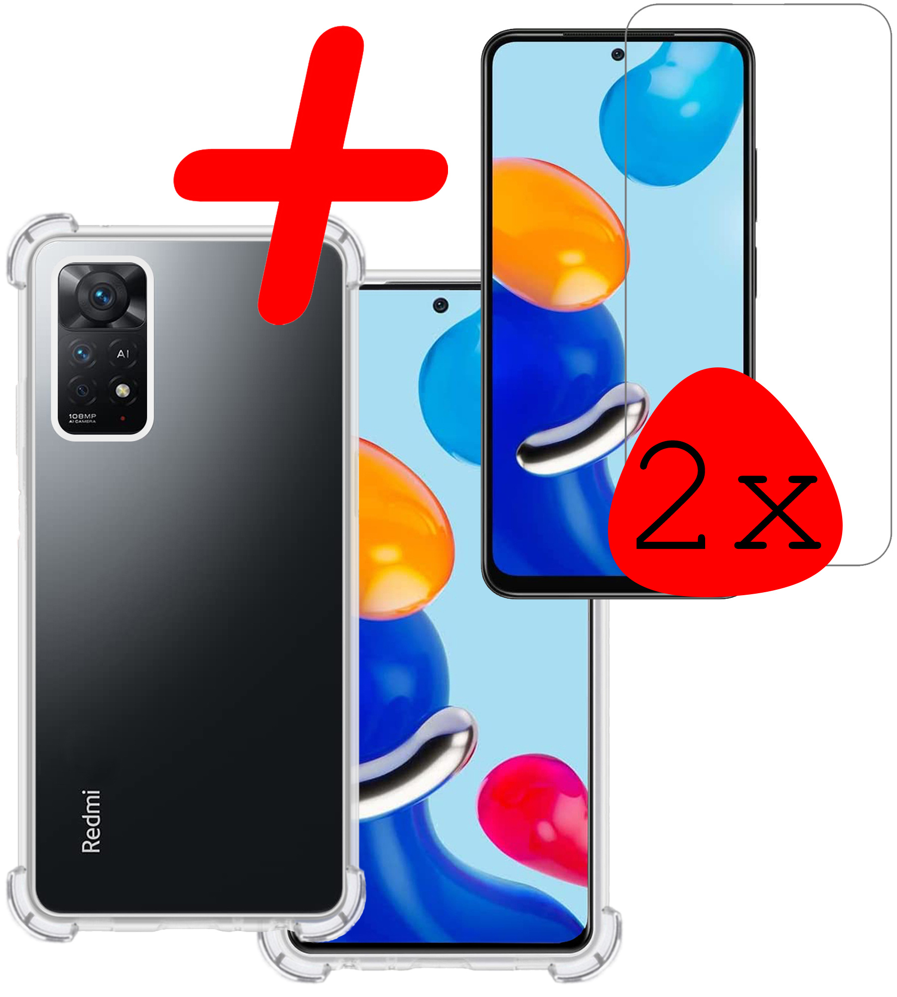 BASEY. Hoes Geschikt voor Xiaomi Redmi Note 11s Hoesje Shock Proof Case Hoes Siliconen Met 2x Screenprotector - Hoesje Geschikt voor Xiaomi Redmi Note 11s Hoes Cover Shockproof - Transparant