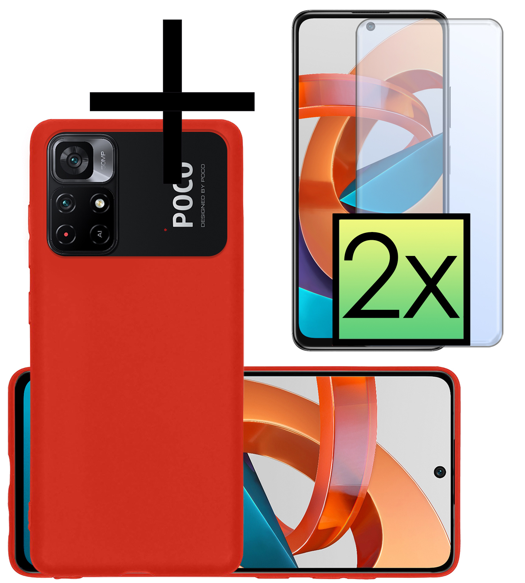 NoXx Hoes Geschikt voor Xiaomi Poco M4 Pro 5G Hoesje Cover Siliconen Back Case Hoes Met 2x Screenprotector - Rood