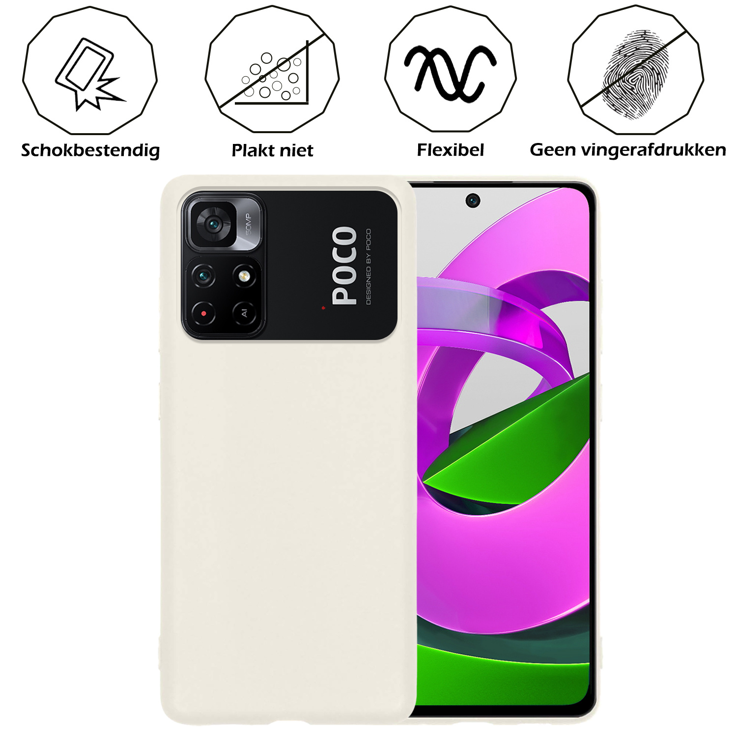 Nomfy Hoesje Geschikt voor Xiaomi Poco M4 Pro 5G Hoesje Siliconen Cover Case Met 2x Screenprotector - Hoes Geschikt voor Xiaomi Poco M4 Pro 5G Hoes Back Case - Wit