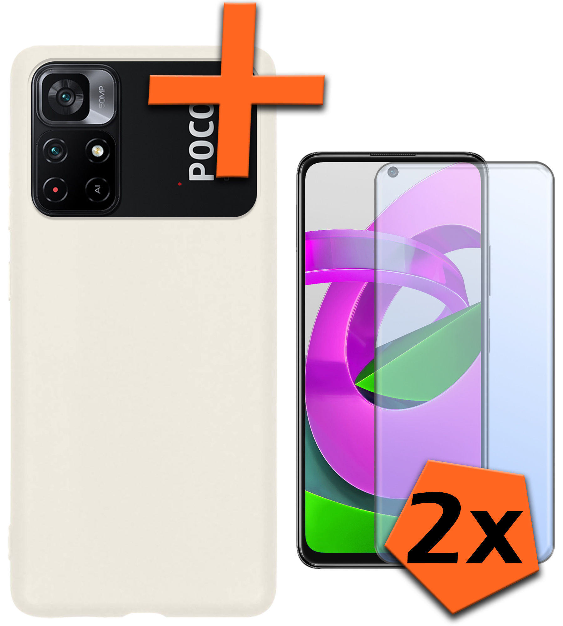 Nomfy Hoesje Geschikt voor Xiaomi Poco M4 Pro 5G Hoesje Siliconen Cover Case Met 2x Screenprotector - Hoes Geschikt voor Xiaomi Poco M4 Pro 5G Hoes Back Case - Wit