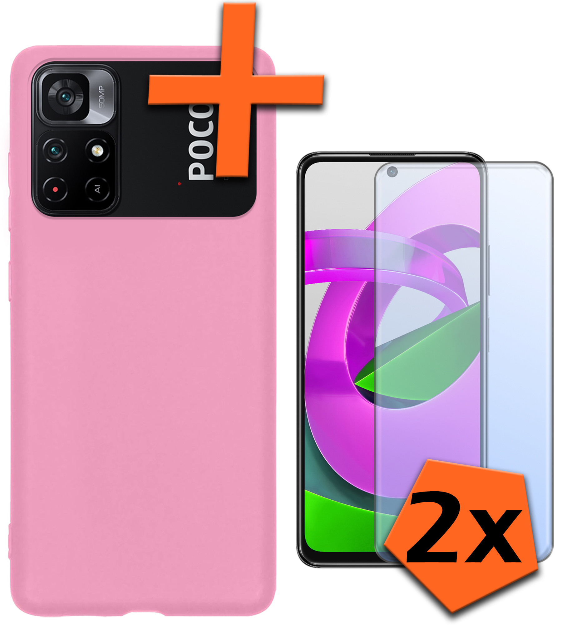 Nomfy Hoesje Geschikt voor Xiaomi Poco M4 Pro 5G Hoesje Siliconen Cover Case Met 2x Screenprotector - Hoes Geschikt voor Xiaomi Poco M4 Pro 5G Hoes Back Case - Lichtroze
