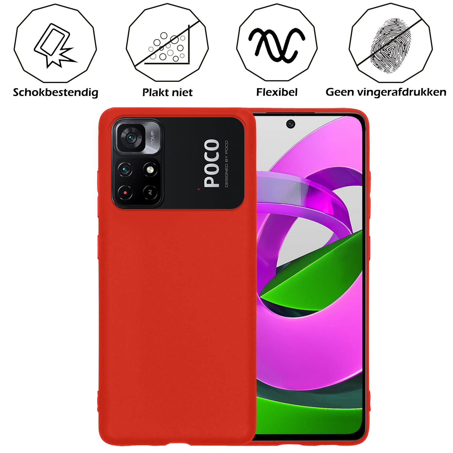 Nomfy Hoesje Geschikt voor Xiaomi Poco M4 Pro 5G Hoesje Siliconen Cover Case Met 2x Screenprotector - Hoes Geschikt voor Xiaomi Poco M4 Pro 5G Hoes Back Case - Rood