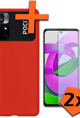Nomfy Hoesje Geschikt voor Xiaomi Poco M4 Pro 5G Hoesje Siliconen Cover Case Met 2x Screenprotector - Hoes Geschikt voor Xiaomi Poco M4 Pro 5G Hoes Back Case - Rood