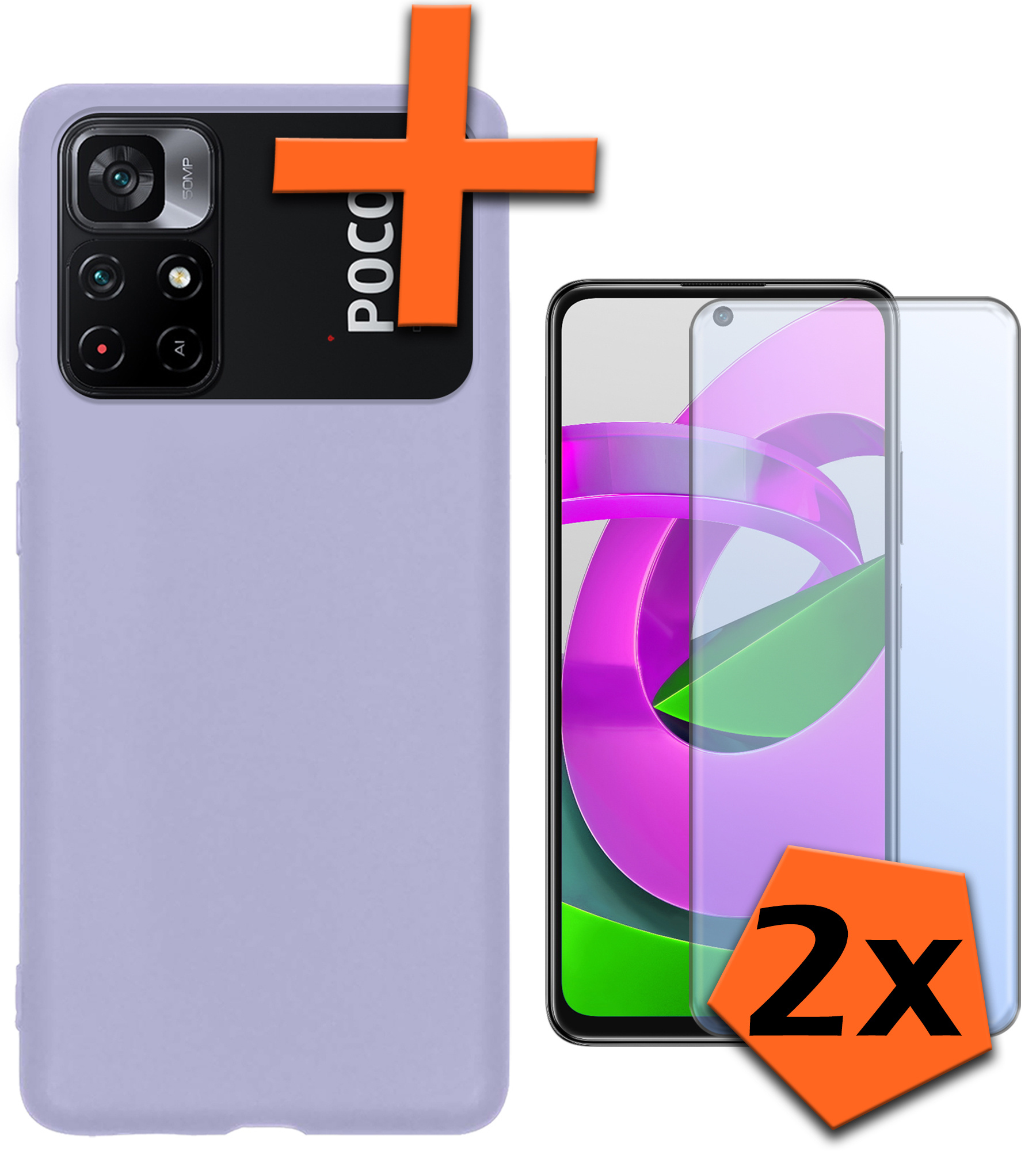 Nomfy Hoesje Geschikt voor Xiaomi Poco M4 Pro 5G Hoesje Siliconen Cover Case Met 2x Screenprotector - Hoes Geschikt voor Xiaomi Poco M4 Pro 5G Hoes Back Case - Lila