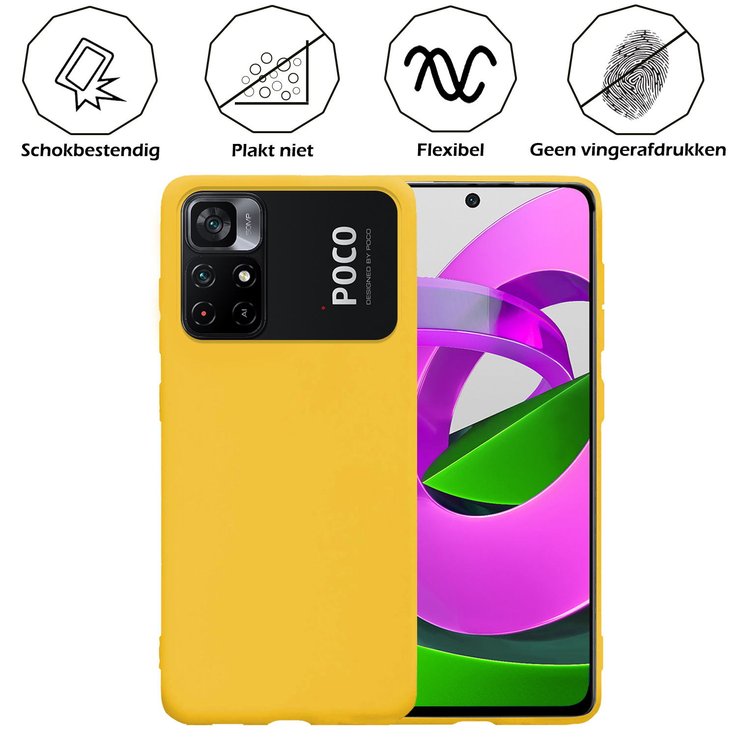 Nomfy Hoesje Geschikt voor Xiaomi Poco M4 Pro 5G Hoesje Siliconen Cover Case Met 2x Screenprotector - Hoes Geschikt voor Xiaomi Poco M4 Pro 5G Hoes Back Case - Geel