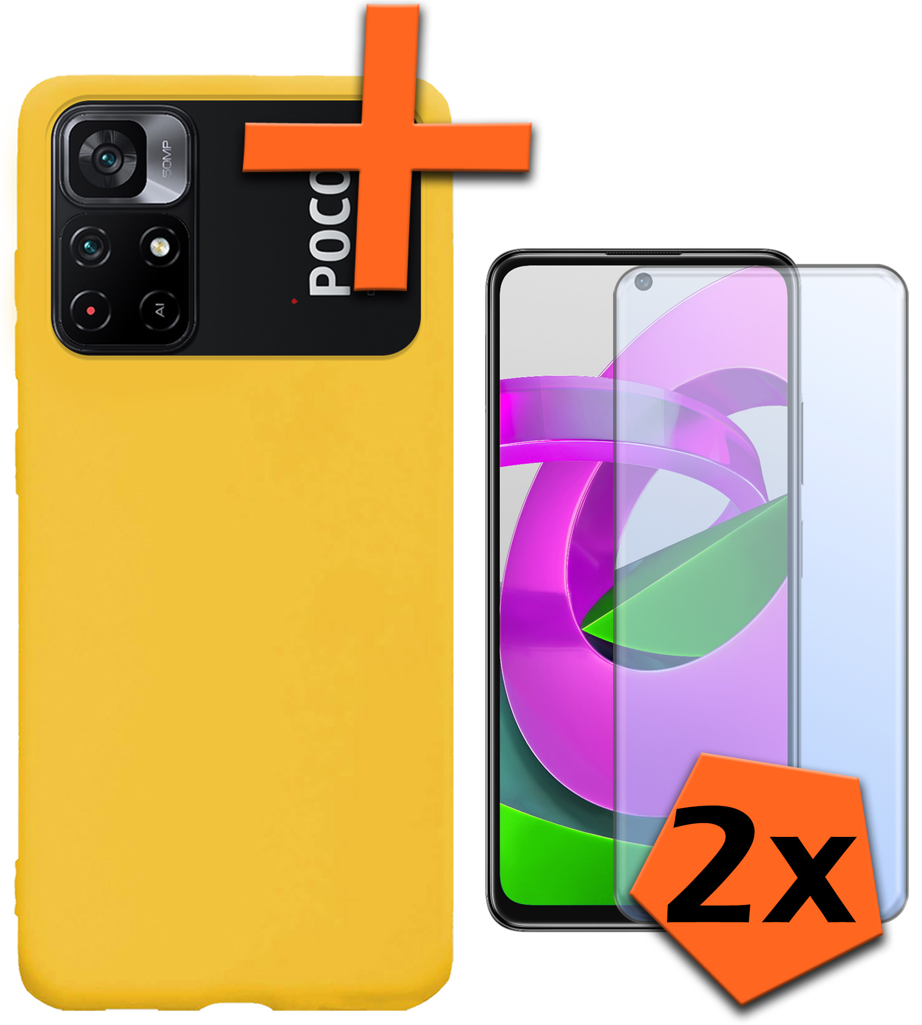 Nomfy Hoesje Geschikt voor Xiaomi Poco M4 Pro 5G Hoesje Siliconen Cover Case Met 2x Screenprotector - Hoes Geschikt voor Xiaomi Poco M4 Pro 5G Hoes Back Case - Geel