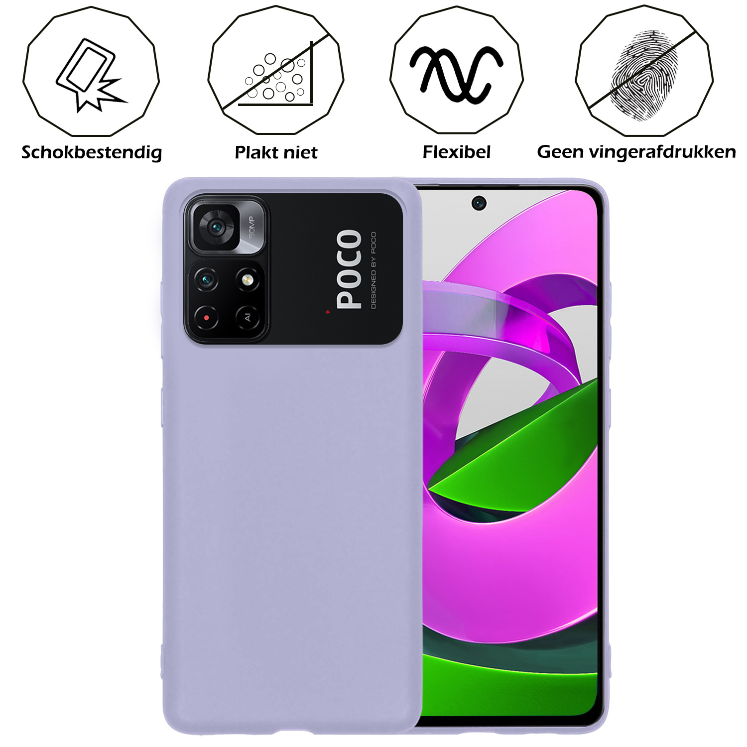 Nomfy Hoesje Geschikt voor Xiaomi Poco M4 Pro 5G Hoesje Siliconen Cover Case - Hoes Geschikt voor Xiaomi Poco M4 Pro 5G Hoes Back Case - 2-PACK - Lila