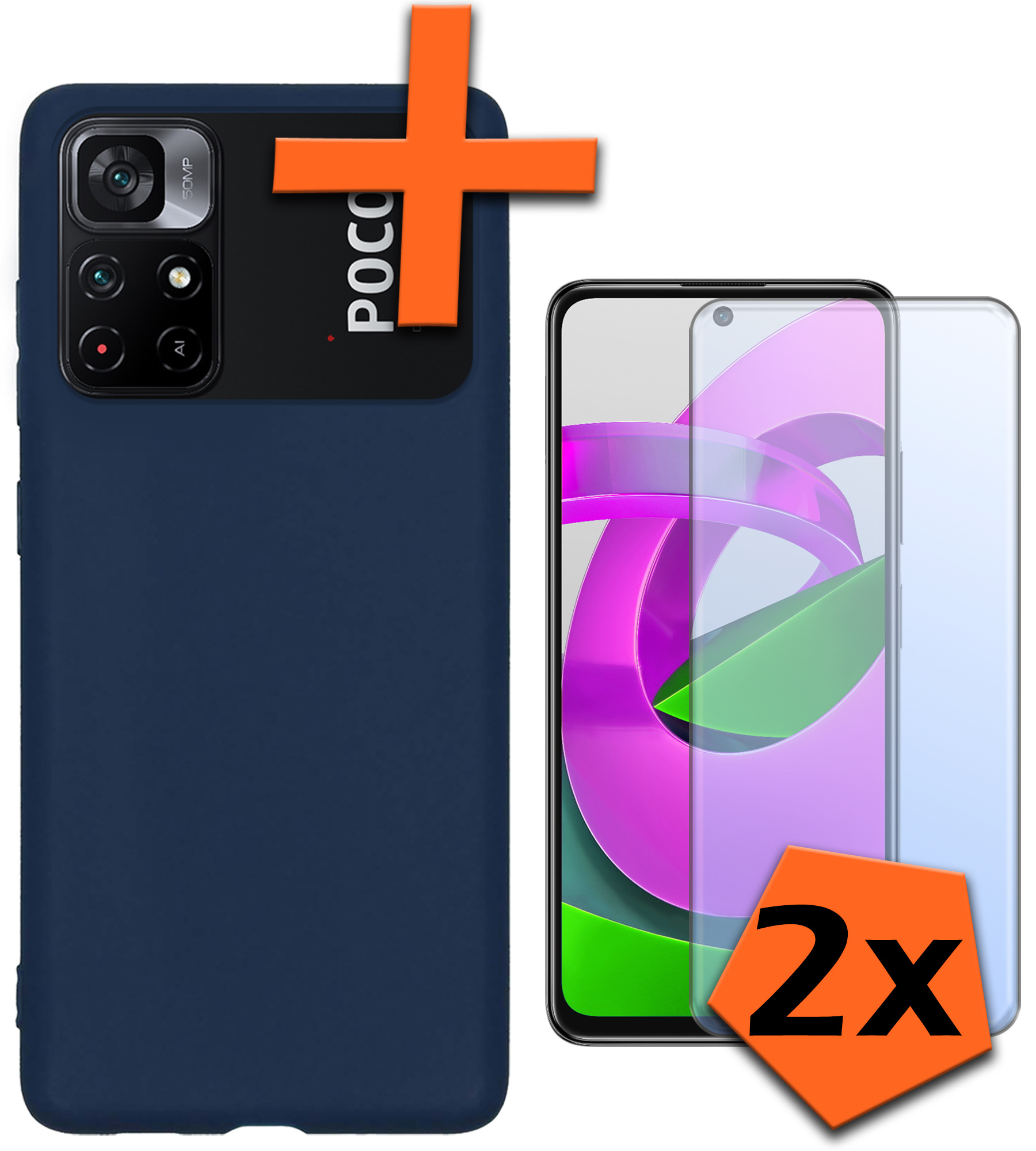 Nomfy Hoesje Geschikt voor Xiaomi Poco M4 Pro 5G Hoesje Siliconen Cover Case Met 2x Screenprotector - Hoes Geschikt voor Xiaomi Poco M4 Pro 5G Hoes Back Case - Donkerblauw