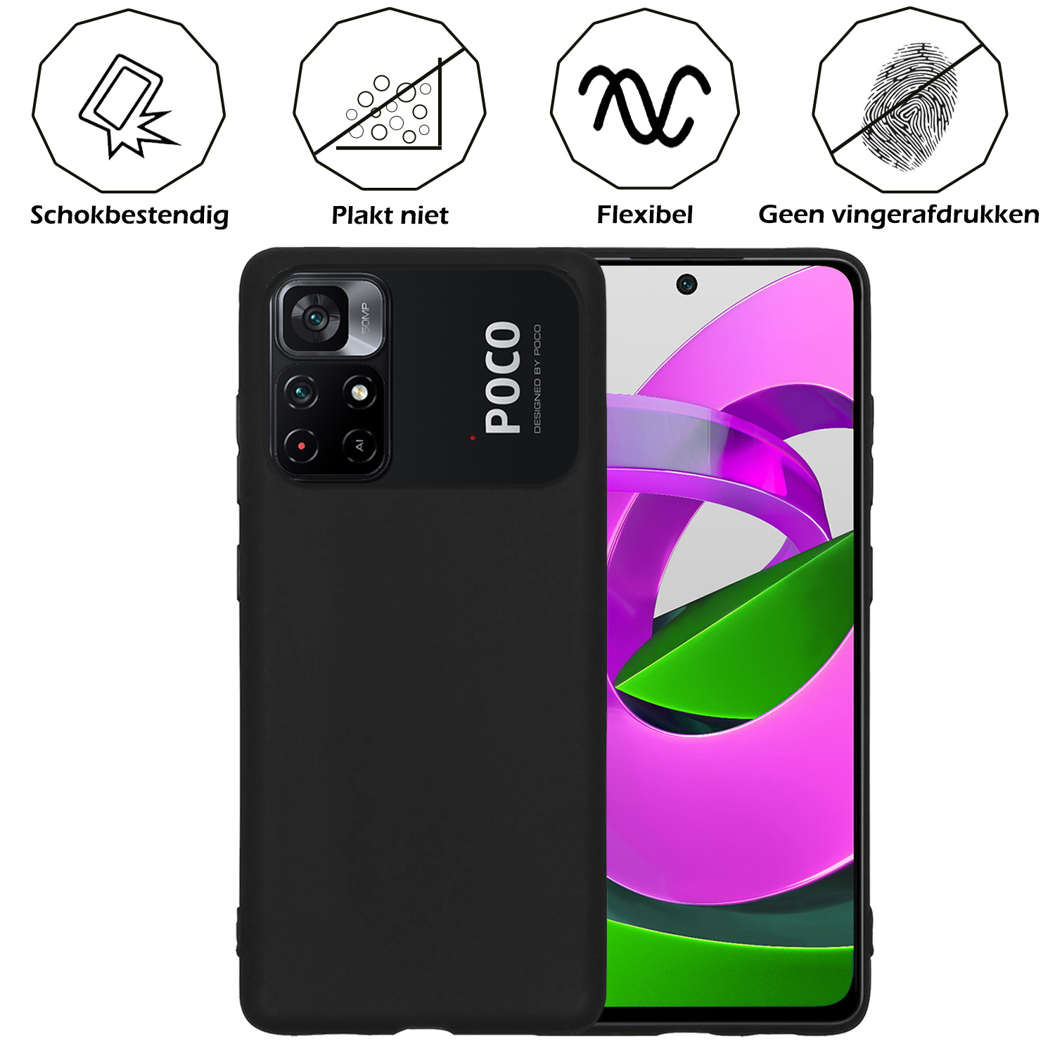 Nomfy Hoesje Geschikt voor Xiaomi Poco M4 Pro 5G Hoesje Siliconen Cover Case Met Screenprotector - Hoes Geschikt voor Xiaomi Poco M4 Pro 5G Hoes Back Case - Zwart