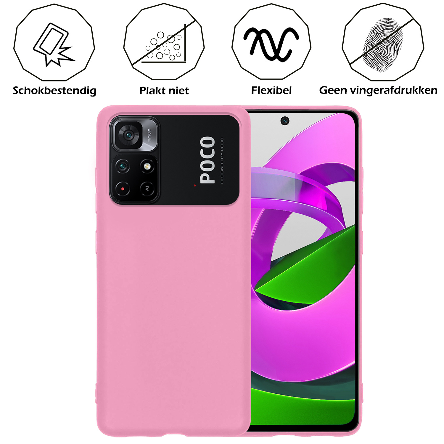 Nomfy Hoesje Geschikt voor Xiaomi Poco M4 Pro 5G Hoesje Siliconen Cover Case Met Screenprotector - Hoes Geschikt voor Xiaomi Poco M4 Pro 5G Hoes Back Case - Lichtroze