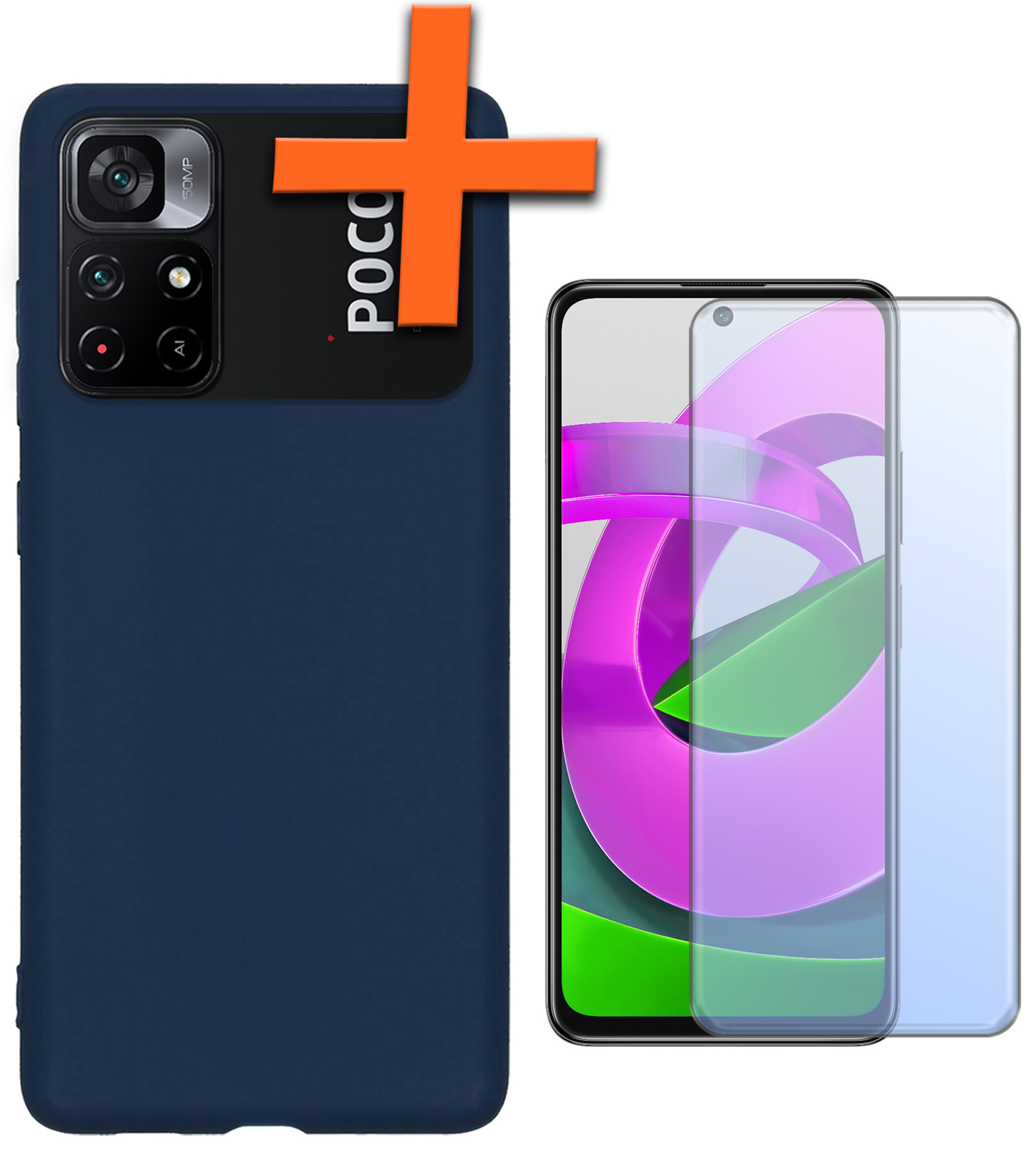 Nomfy Hoesje Geschikt voor Xiaomi Poco M4 Pro 5G Hoesje Siliconen Cover Case Met Screenprotector - Hoes Geschikt voor Xiaomi Poco M4 Pro 5G Hoes Back Case - Donkerblauw
