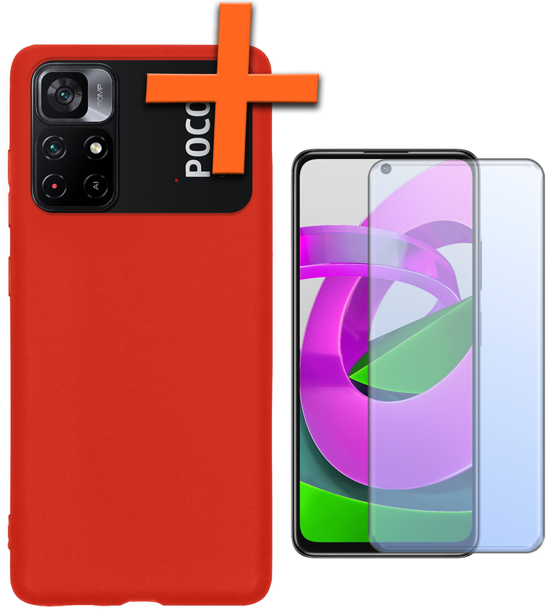 Nomfy Hoesje Geschikt voor Xiaomi Poco M4 Pro 5G Hoesje Siliconen Cover Case Met Screenprotector - Hoes Geschikt voor Xiaomi Poco M4 Pro 5G Hoes Back Case - Rood