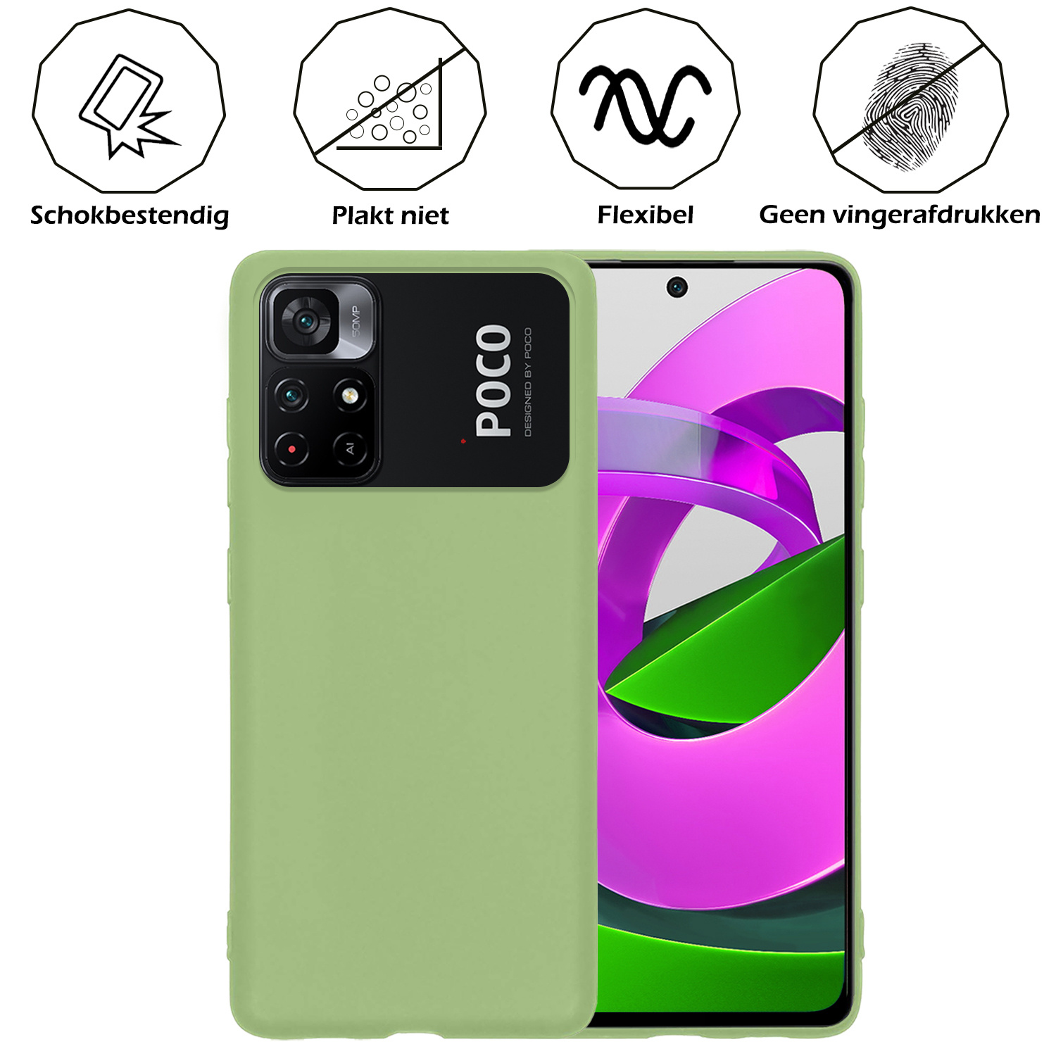 Nomfy Hoesje Geschikt voor Xiaomi Poco M4 Pro 5G Hoesje Siliconen Cover Case Met Screenprotector - Hoes Geschikt voor Xiaomi Poco M4 Pro 5G Hoes Back Case - Groen