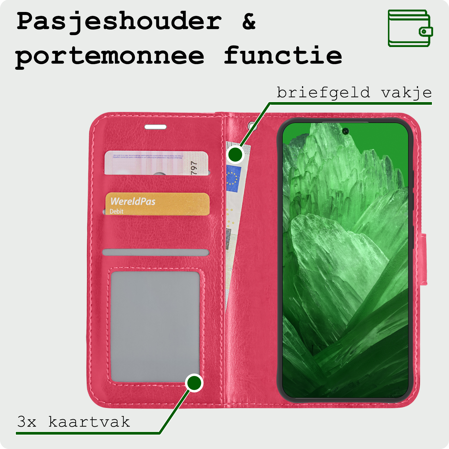 BASEY. Hoes Geschikt voor Google Pixel 8a Hoesje Bookcase Hoes Flip Case Book Cover - Hoesje Geschikt voor Google Pixel 8a Hoes Book Case Hoesje - Donkerroze