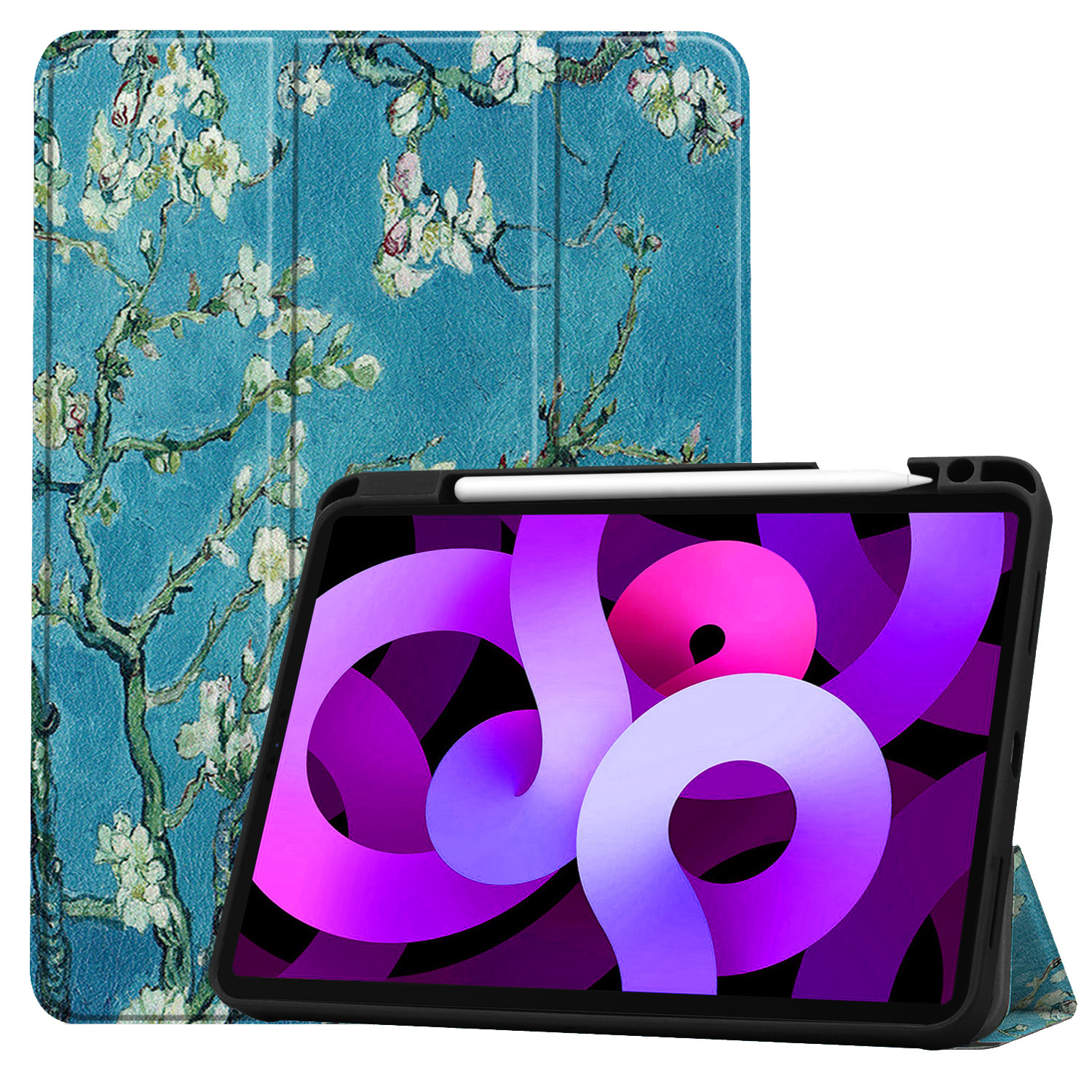 Nomfy Hoes Geschikt voor iPad Air 6 (11 inch) Hoes Tri-fold Tablet Hoesje Case Met Uitsparing Geschikt voor Apple Pencil Met Screenprotector - Hoesje Geschikt voor iPad Air 2024 (11 inch) Hoesje Hardcover Bookcase - Bloesem