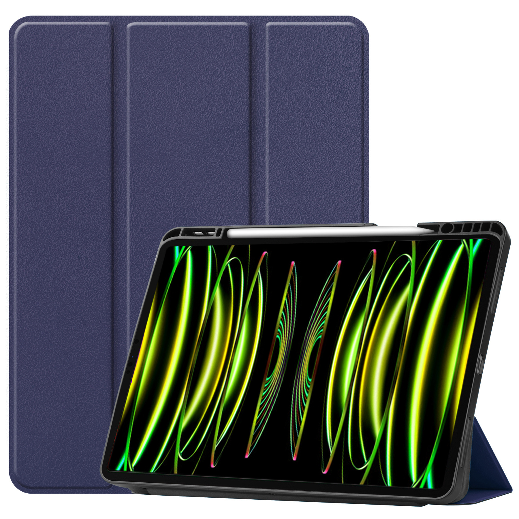 Nomfy Hoes Geschikt voor iPad Pro 2024 (11 inch) Hoes Tri-fold Tablet Hoesje Case Met Uitsparing Geschikt voor Apple Pencil Met Screenprotector - Hoesje Geschikt voor iPad Pro 2024 11 inch (7e generatie) Hoesje Hardcover Bookcase - Donkerblauw