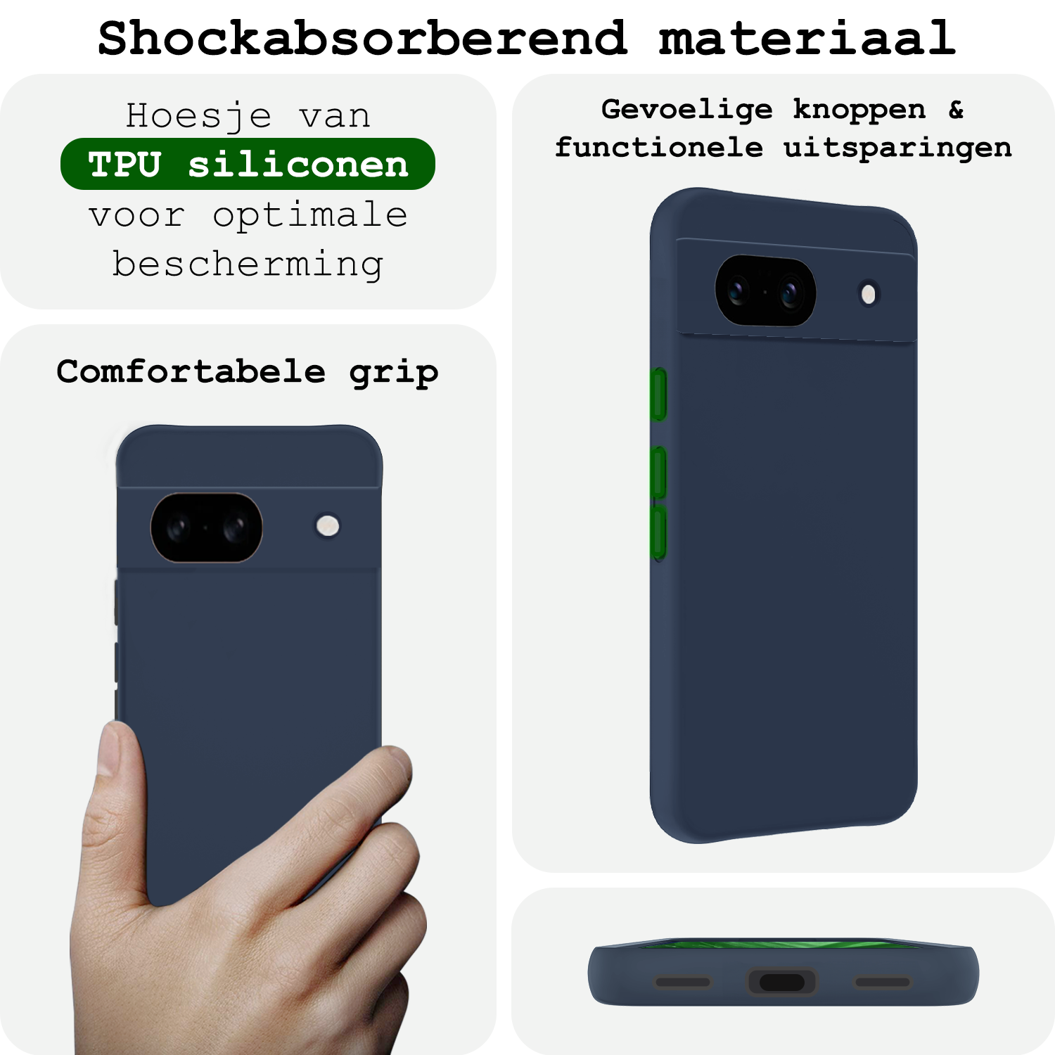 BASEY. Hoes Geschikt voor Google Pixel 8a Hoesje Siliconen Back Cover Case Met 2x Screenprotector - Hoesje Geschikt voor Google Pixel 8a Hoes Cover Hoesje - Donkerblauw