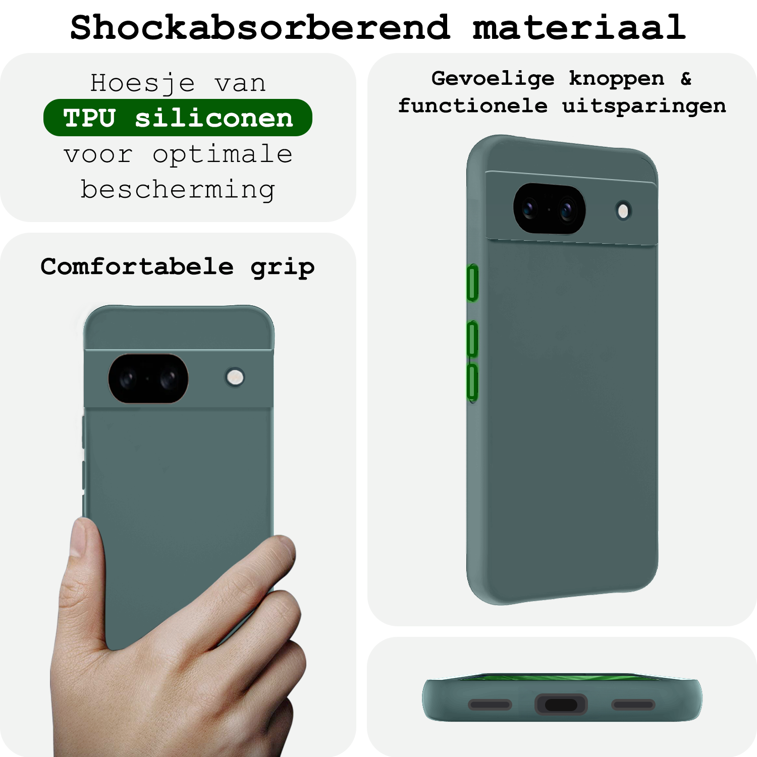 BASEY. Hoes Geschikt voor Google Pixel 8a Hoesje Siliconen Back Cover Case Met 2x Screenprotector - Hoesje Geschikt voor Google Pixel 8a Hoes Cover Hoesje - Donkergroen