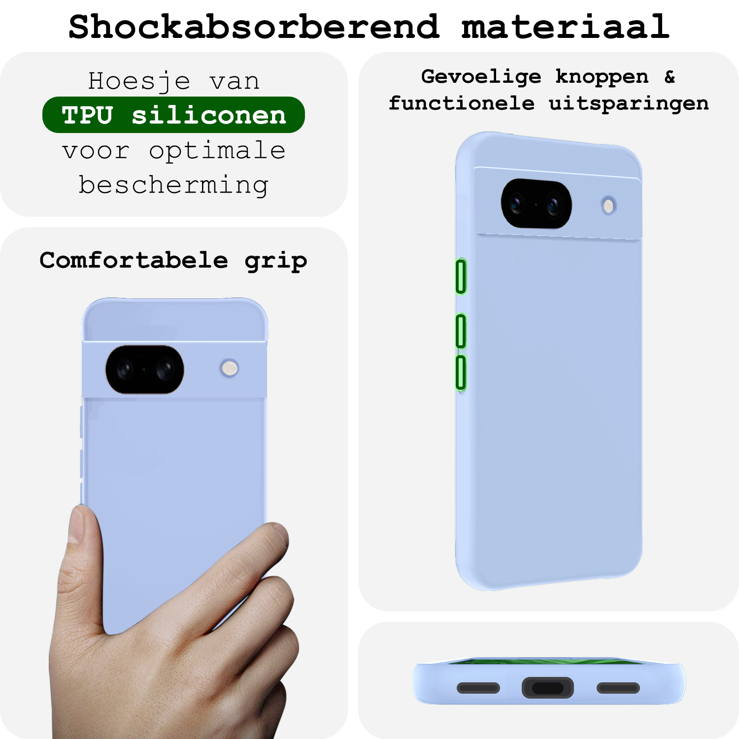 BASEY. Hoes Geschikt voor Google Pixel 8a Hoesje Siliconen Back Cover Case Met 2x Screenprotector - Hoesje Geschikt voor Google Pixel 8a Hoes Cover Hoesje - Lichtblauw