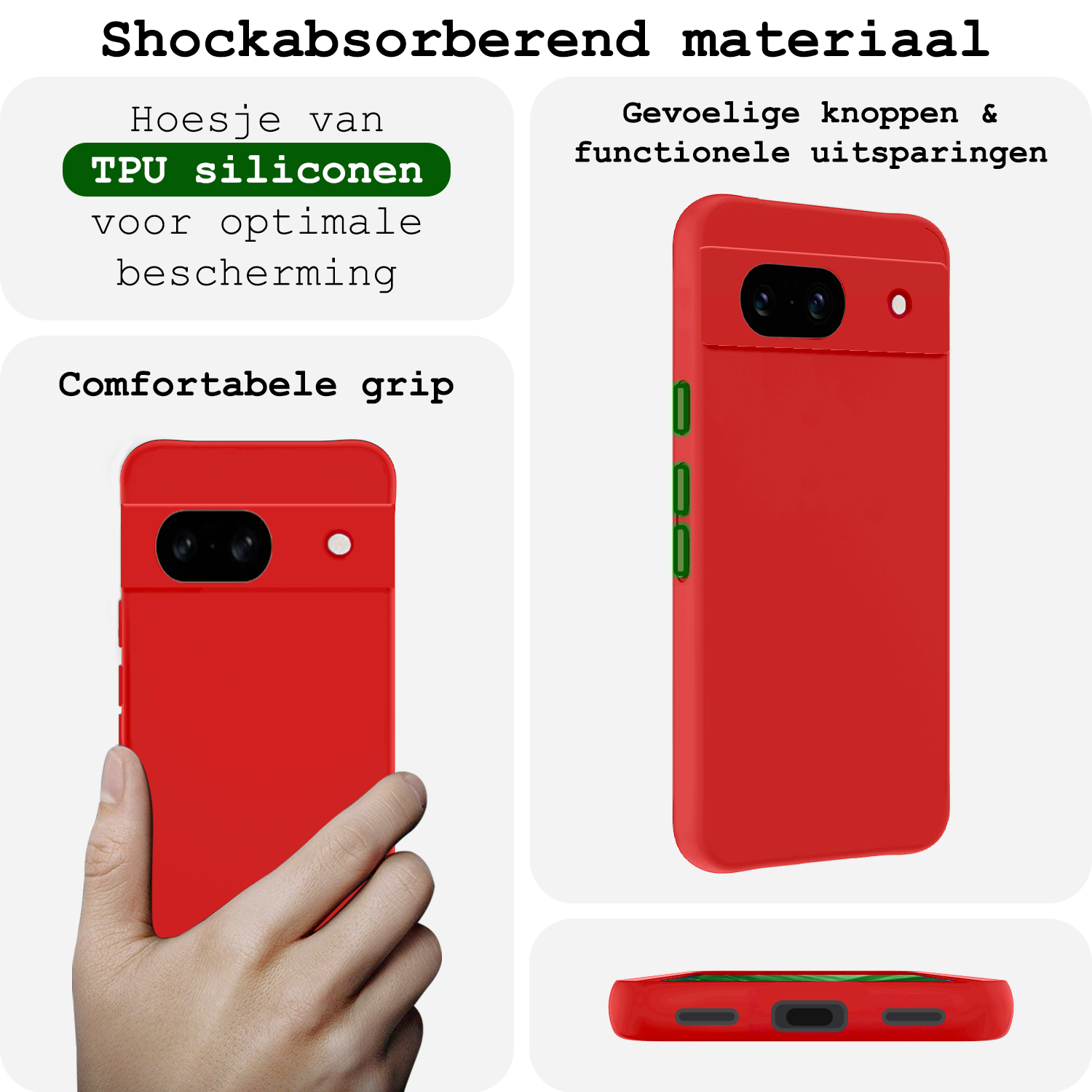 BASEY. Hoes Geschikt voor Google Pixel 8a Hoesje Siliconen Back Cover Case Met 2x Screenprotector - Hoesje Geschikt voor Google Pixel 8a Hoes Cover Hoesje - Rood