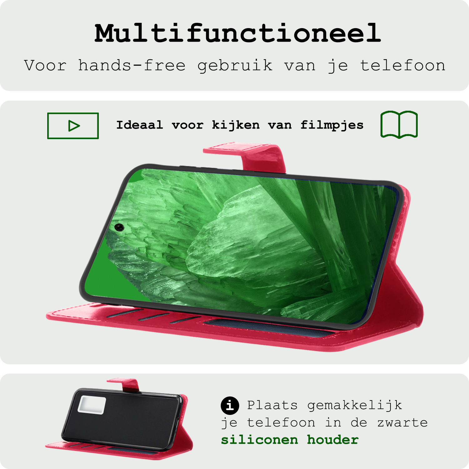 BASEY. Hoes Geschikt voor Google Pixel 8a Hoesje Bookcase Hoes Flip Case Book Cover Met Screenprotector - Hoesje Geschikt voor Google Pixel 8a Hoes Book Case Hoesje - Donkerroze