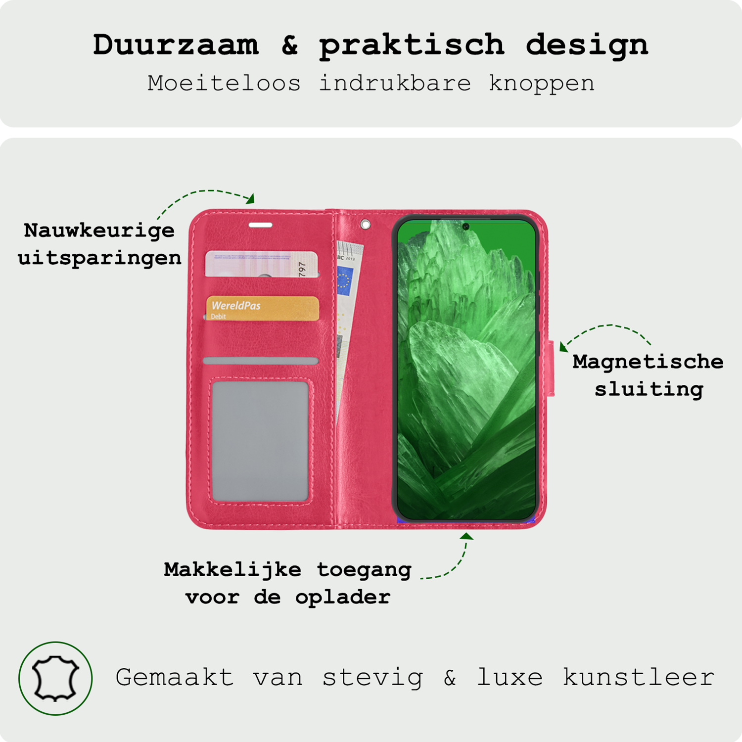BASEY. Hoes Geschikt voor Google Pixel 8a Hoesje Bookcase Hoes Flip Case Book Cover Met Screenprotector - Hoesje Geschikt voor Google Pixel 8a Hoes Book Case Hoesje - Donkerroze