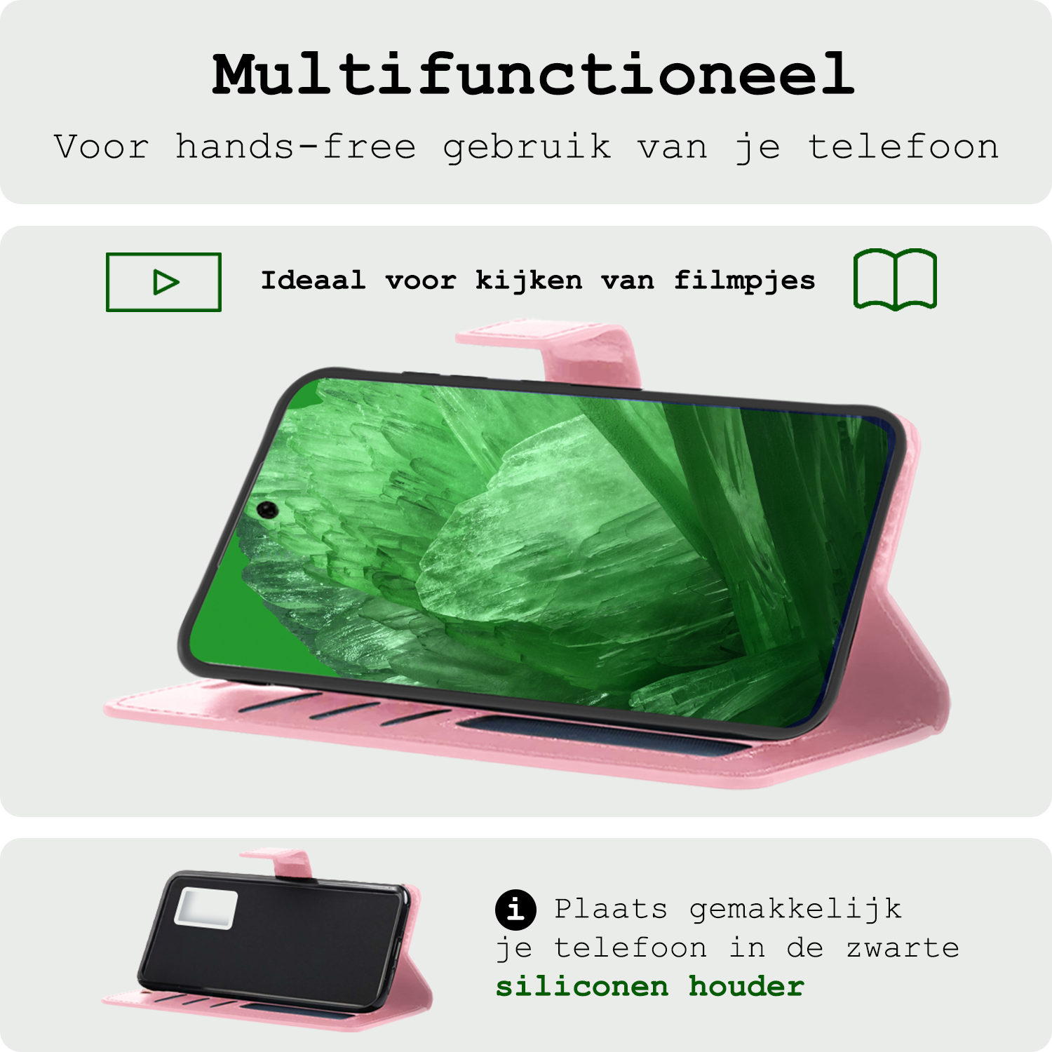 BASEY. Hoes Geschikt voor Google Pixel 8a Hoesje Bookcase Hoes Flip Case Book Cover Met Screenprotector - Hoesje Geschikt voor Google Pixel 8a Hoes Book Case Hoesje - Lichtroze