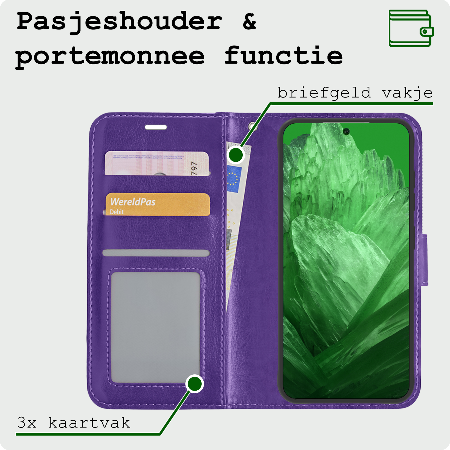 BASEY. Hoes Geschikt voor Google Pixel 8a Hoesje Bookcase Hoes Flip Case Book Cover Met Screenprotector - Hoesje Geschikt voor Google Pixel 8a Hoes Book Case Hoesje - Paars