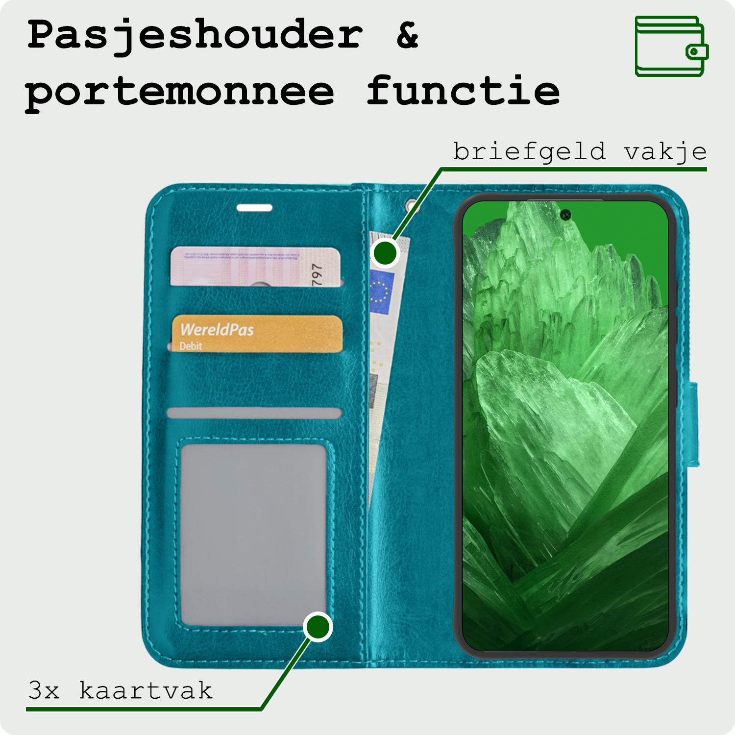 BASEY. Hoes Geschikt voor Google Pixel 8a Hoesje Bookcase Hoes Flip Case Book Cover Met Screenprotector - Hoesje Geschikt voor Google Pixel 8a Hoes Book Case Hoesje - Turquoise