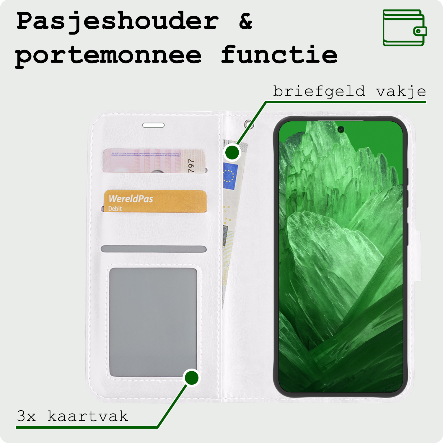 BASEY. Hoes Geschikt voor Google Pixel 8a Hoesje Bookcase Hoes Flip Case Book Cover Met Screenprotector - Hoesje Geschikt voor Google Pixel 8a Hoes Book Case Hoesje - Wit
