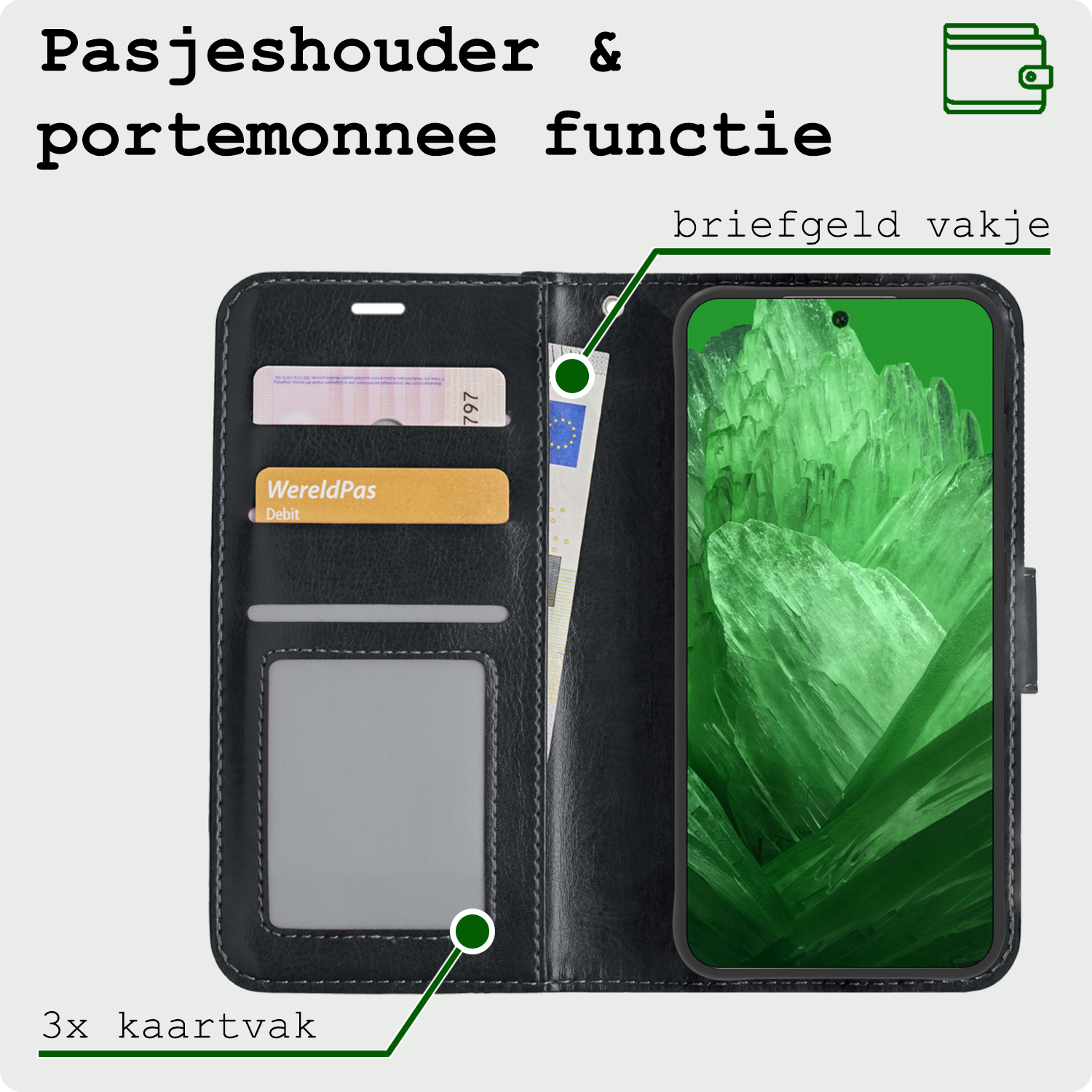 BASEY. Hoes Geschikt voor Google Pixel 8a Hoesje Bookcase Hoes Flip Case Book Cover Met Screenprotector - Hoesje Geschikt voor Google Pixel 8a Hoes Book Case Hoesje - Zwart