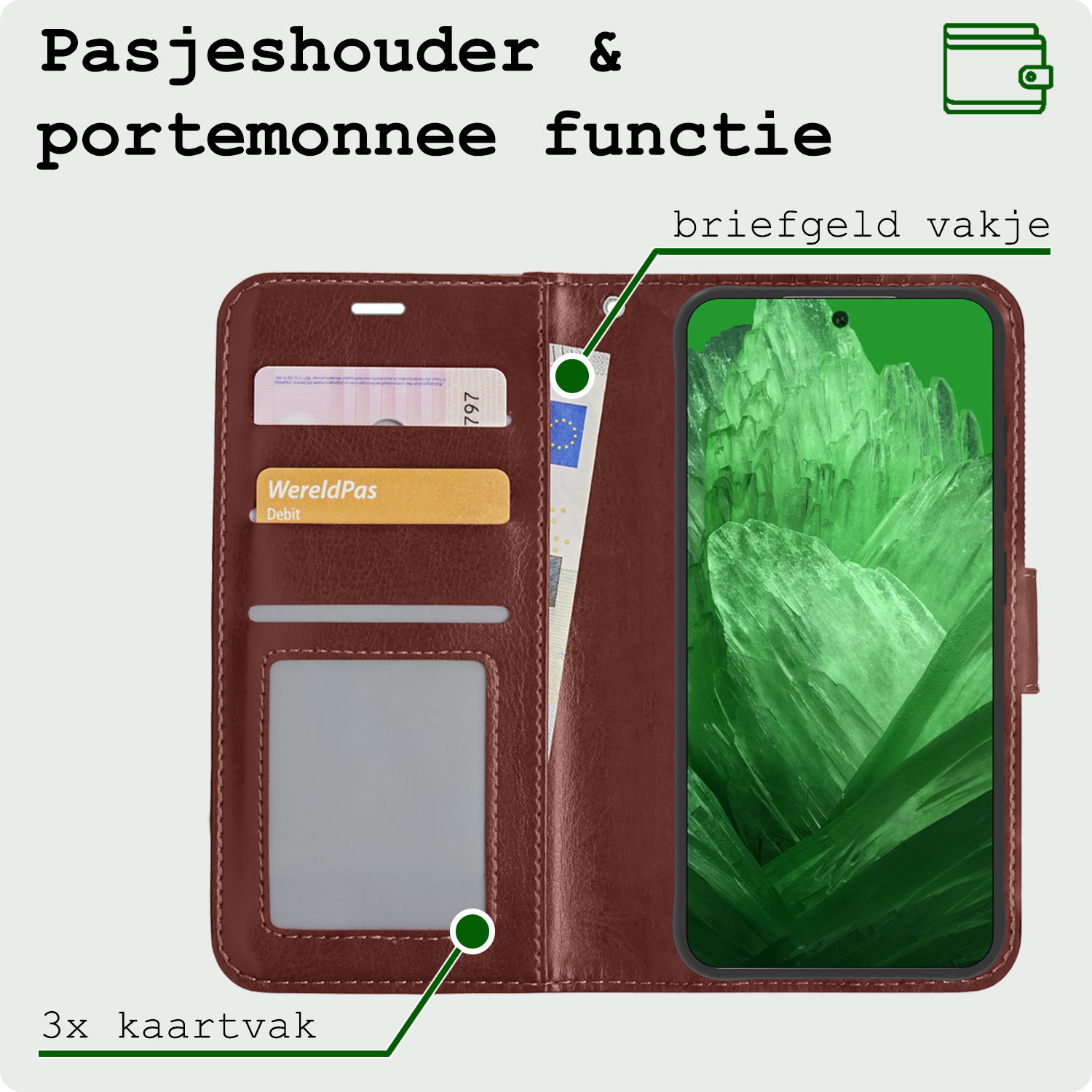 BASEY. Hoes Geschikt voor Google Pixel 8a Hoesje Bookcase Hoes Flip Case Book Cover Met 2x Screenprotector - Hoesje Geschikt voor Google Pixel 8a Hoes Book Case Hoesje - Bruin
