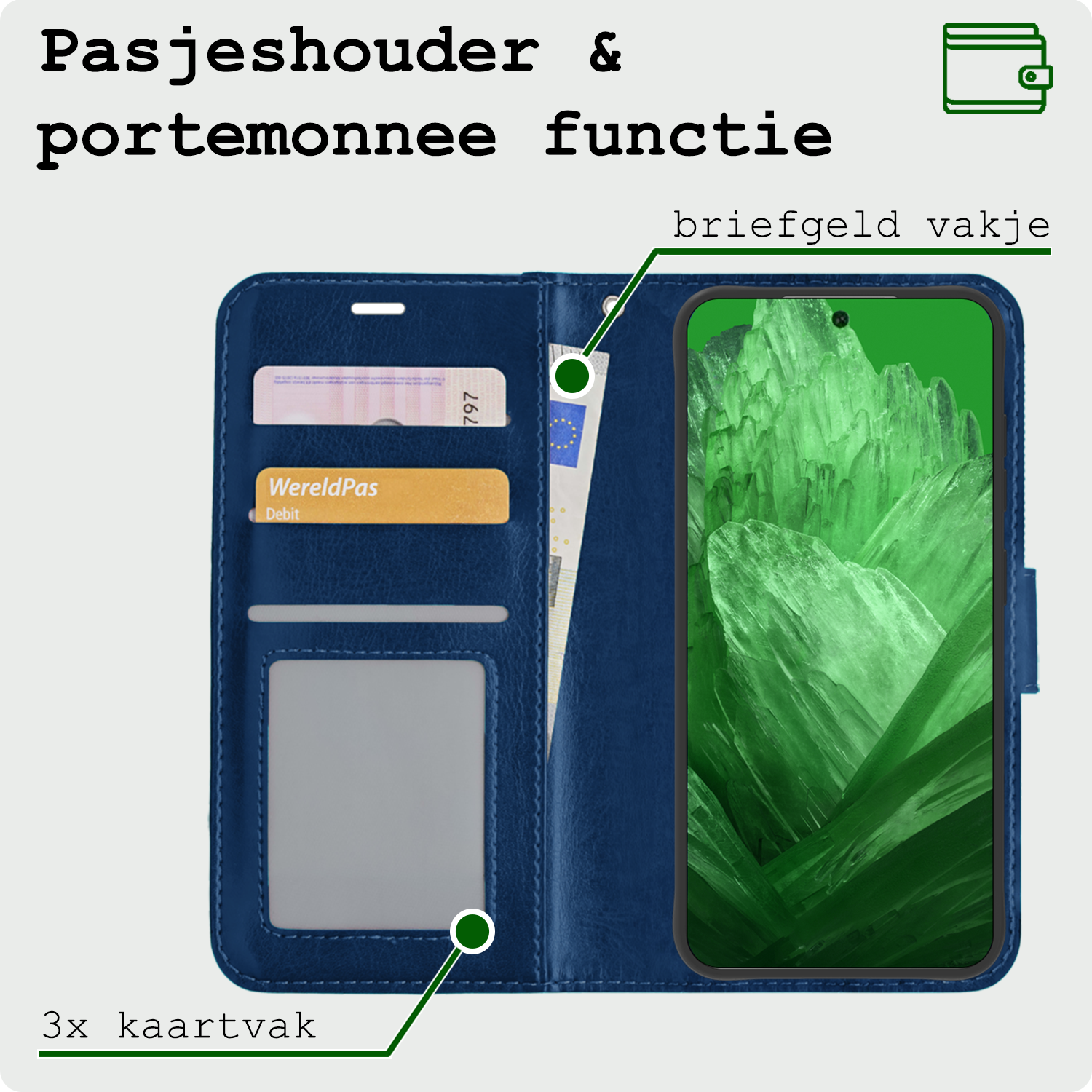 BASEY. Hoes Geschikt voor Google Pixel 8a Hoesje Bookcase Hoes Flip Case Book Cover Met 2x Screenprotector - Hoesje Geschikt voor Google Pixel 8a Hoes Book Case Hoesje - Donkerblauw