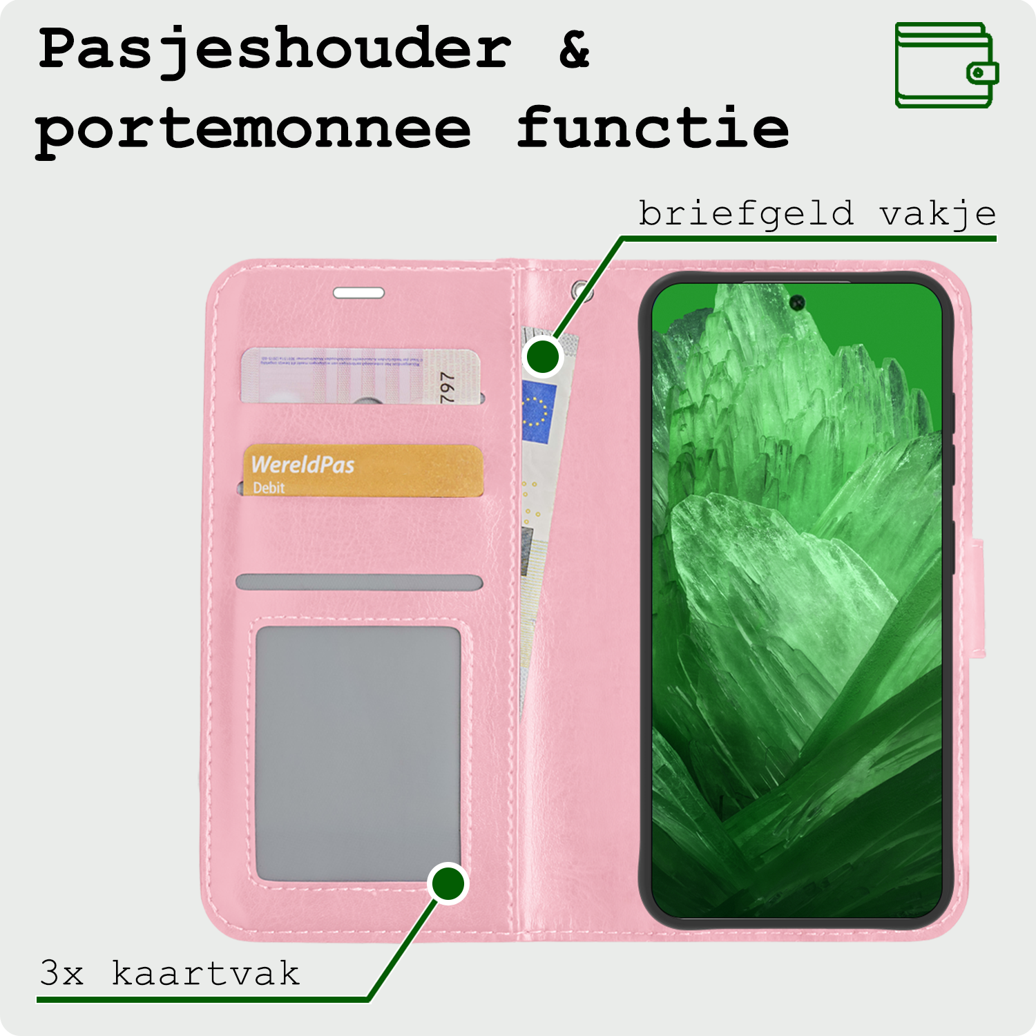 BASEY. Hoes Geschikt voor Google Pixel 8a Hoesje Bookcase Hoes Flip Case Book Cover Met 2x Screenprotector - Hoesje Geschikt voor Google Pixel 8a Hoes Book Case Hoesje - Lichtroze